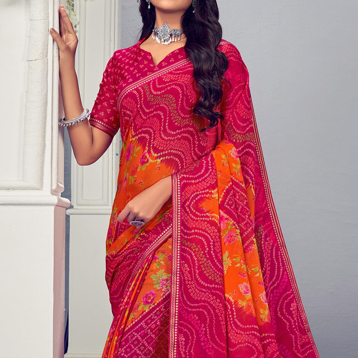 Pink & Orange Bandhani Printed Chiffon Saree With Tassels - Peachmode