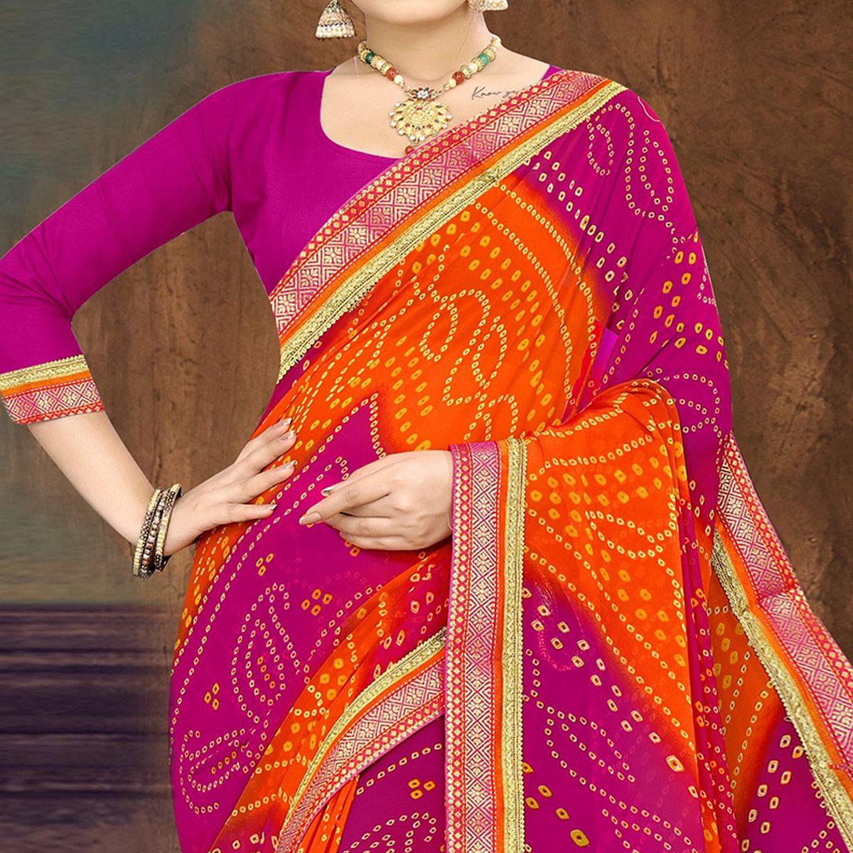 Pink And Orange Casual Wear Bandhani Printed Georgette Designer Saree - Peachmode
