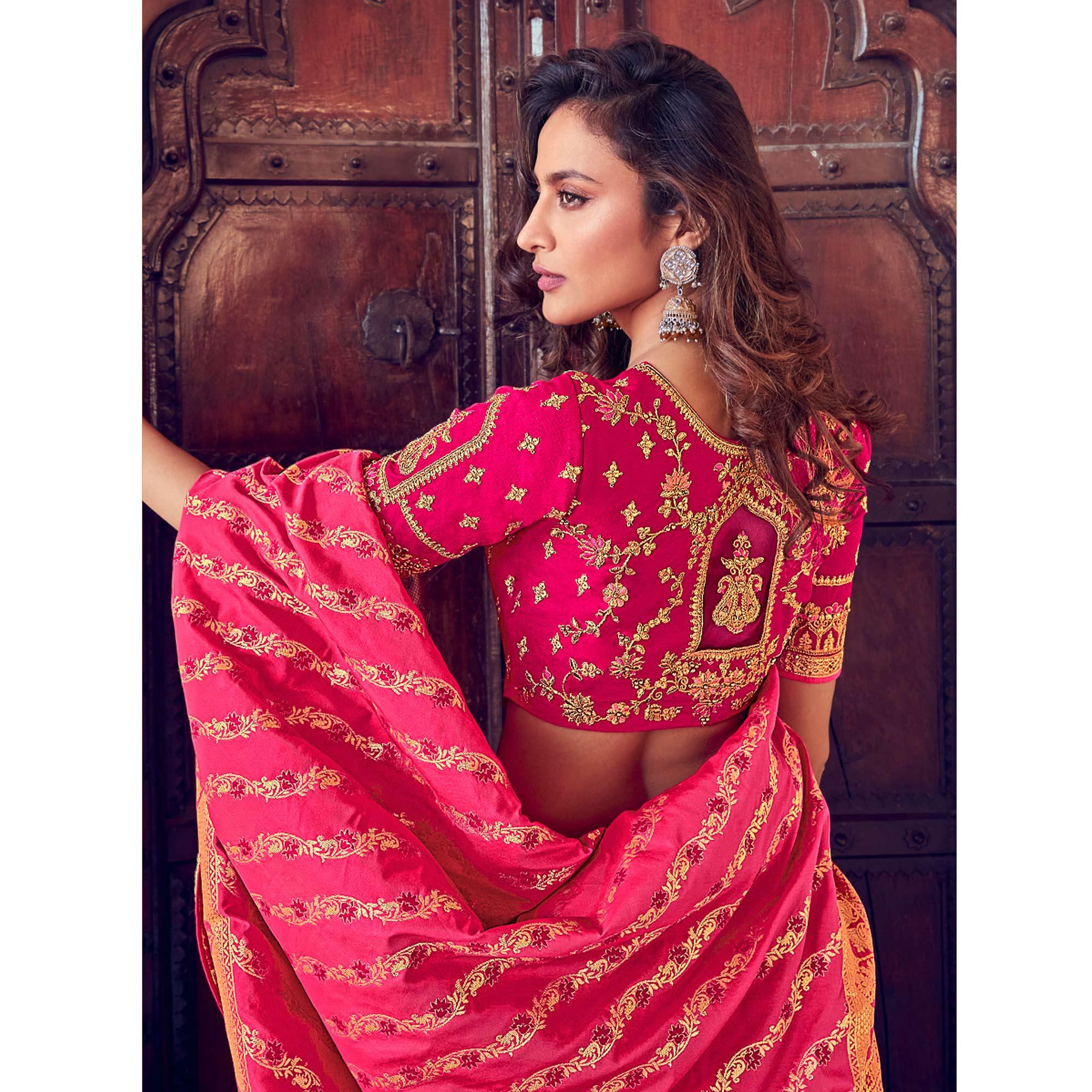 Pink & Orange Wedding Wear Woven & Embroidered Silk Lehenga Choli - Peachmode