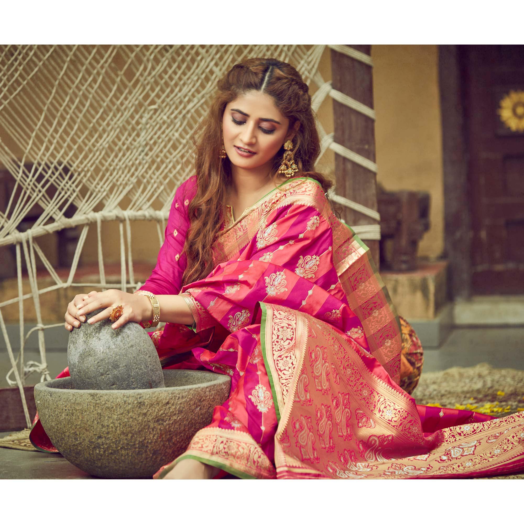 Pink & Peach Festive Wear Woven Handloom Silk Saree - Peachmode