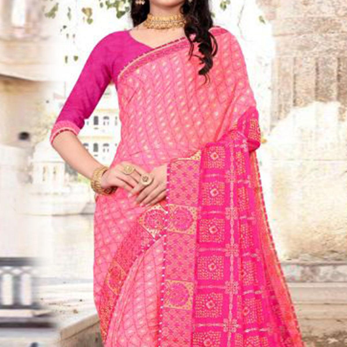 Pink & Rose Pink Festive Wear Bandhani Printed Chiffon Saree With Diamond Border - Peachmode