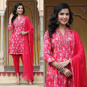 Pink & White Floral Printed Muslin Salwar Suit - Peachmode