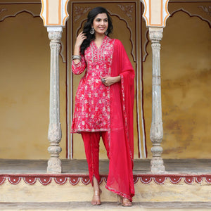 Pink & White Floral Printed Muslin Salwar Suit - Peachmode