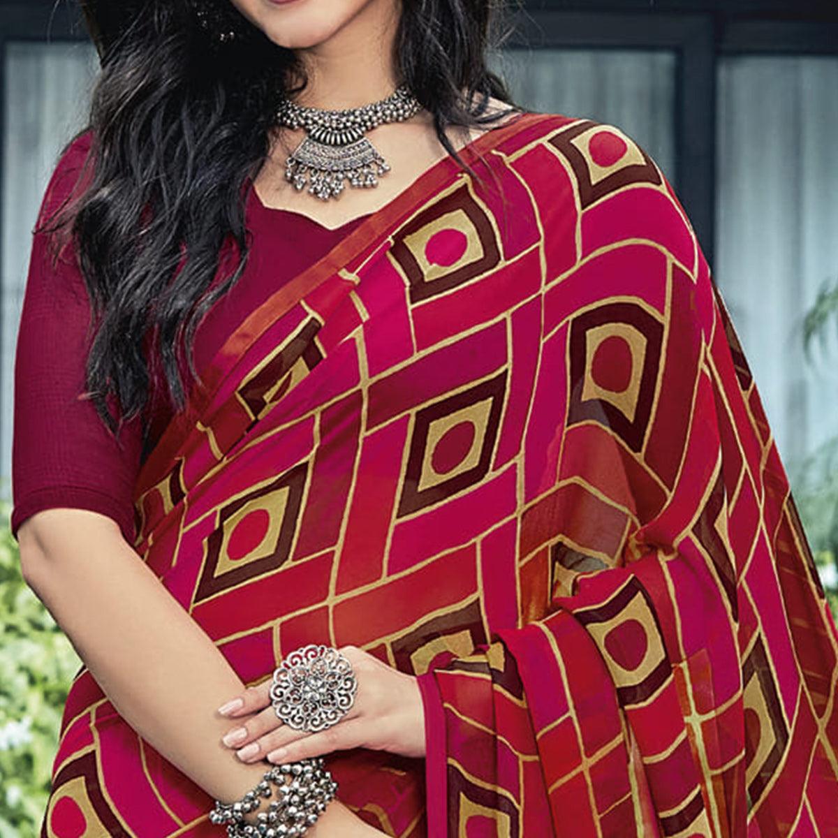 Pink & Wine Casual Wear Printed Georgette Saree - Peachmode