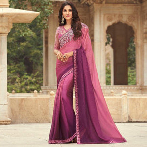 Pink & Wine Floral Sequence Embroidered Art SIlk Saree - Peachmode