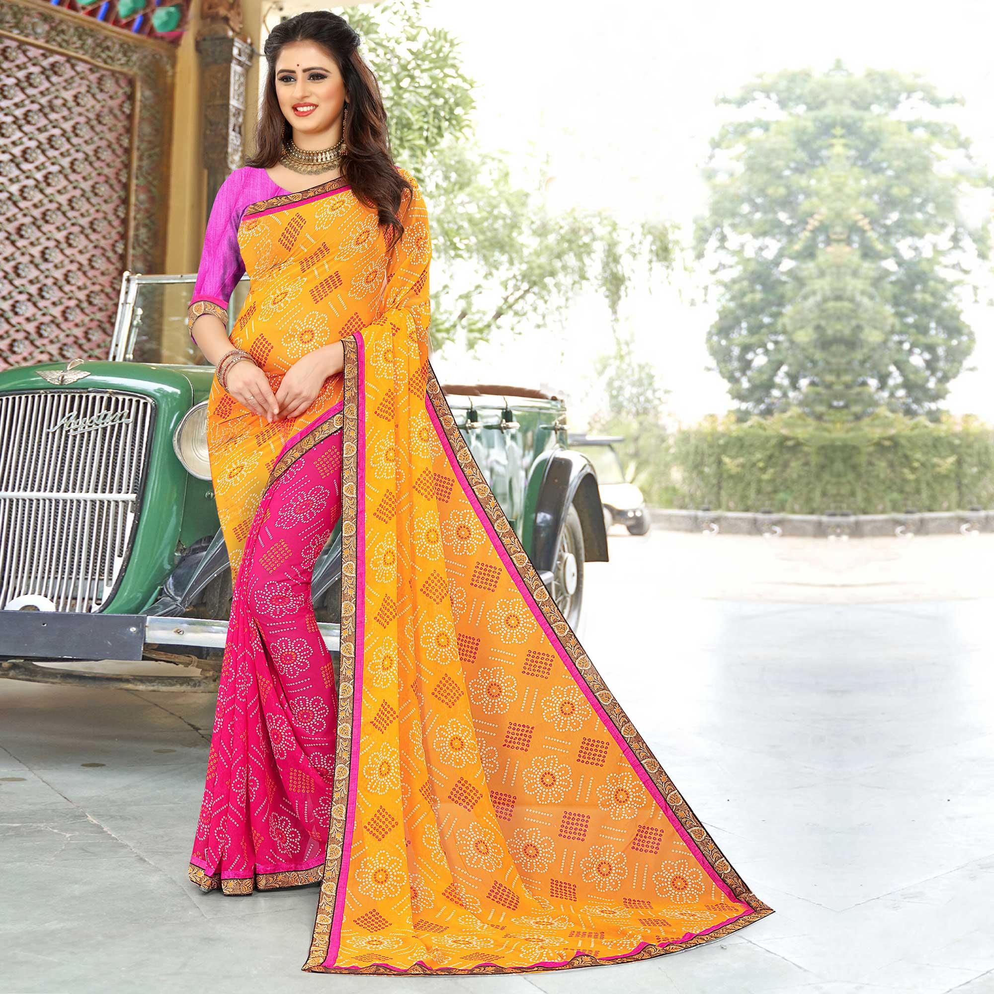 Pink & Yellow Casual Wear Half & Half Floral Printed Soft Georgette Saree - Peachmode