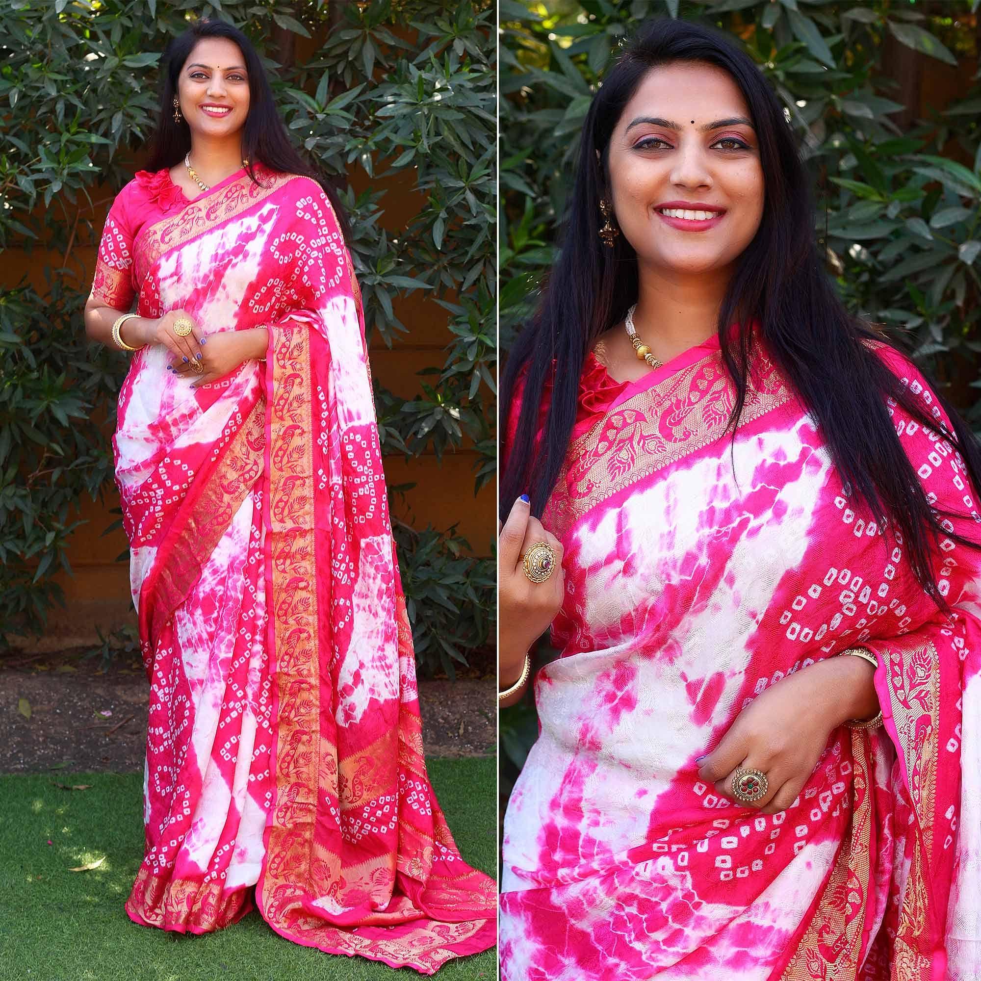 Pink Bandhani Printed Art Silk Saree - Peachmode