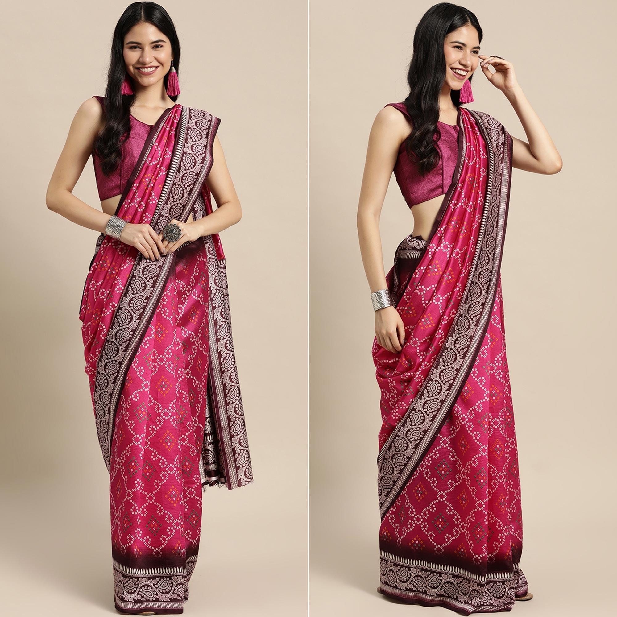 Pink Bandhani Printed Art Silk Saree - Peachmode
