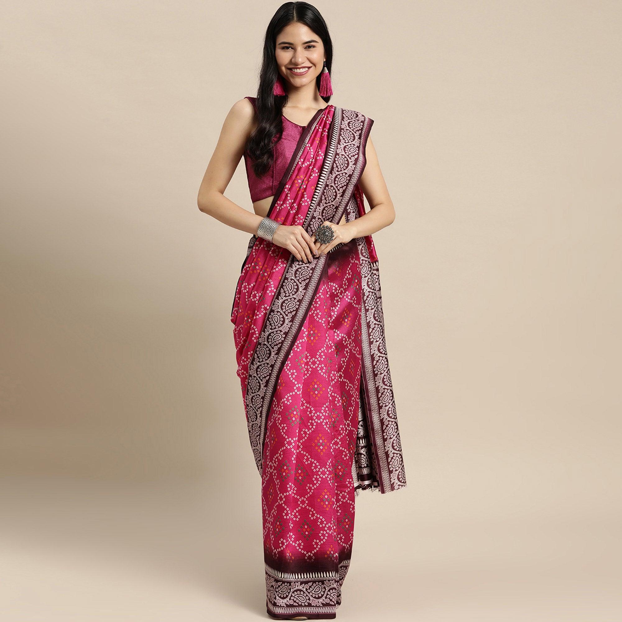 Pink Bandhani Printed Art Silk Saree - Peachmode
