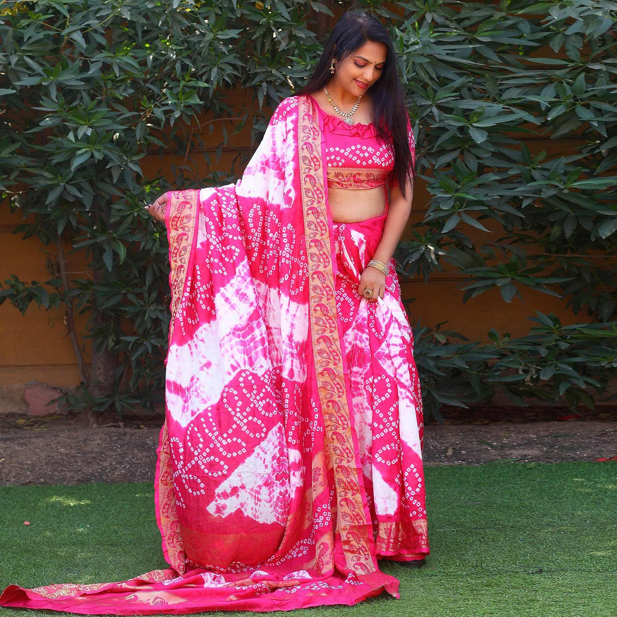 Pink Bandhani Printed Art Silk Saree - Peachmode
