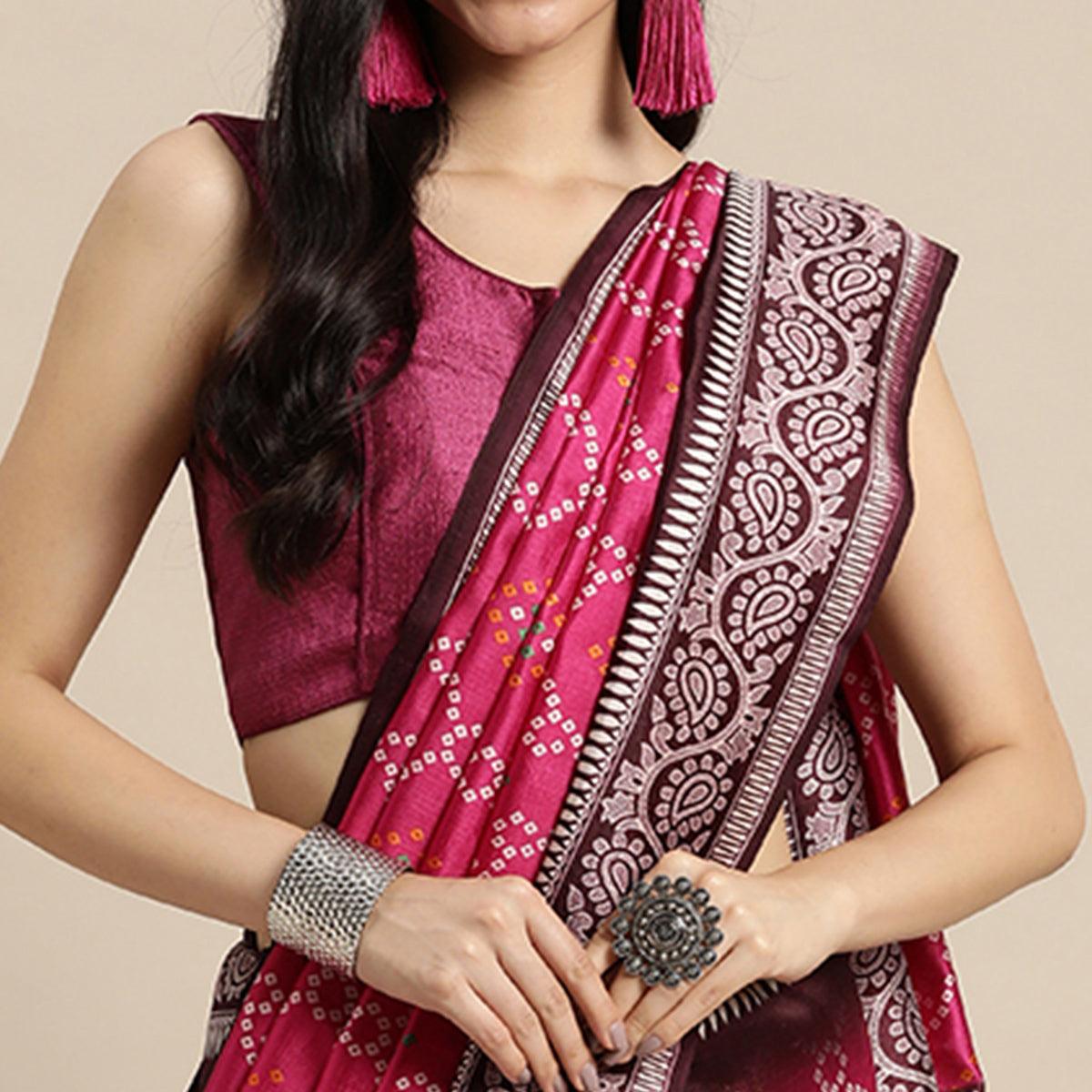 Pink Bandhani Printed Art Silk Saree - Peachmode
