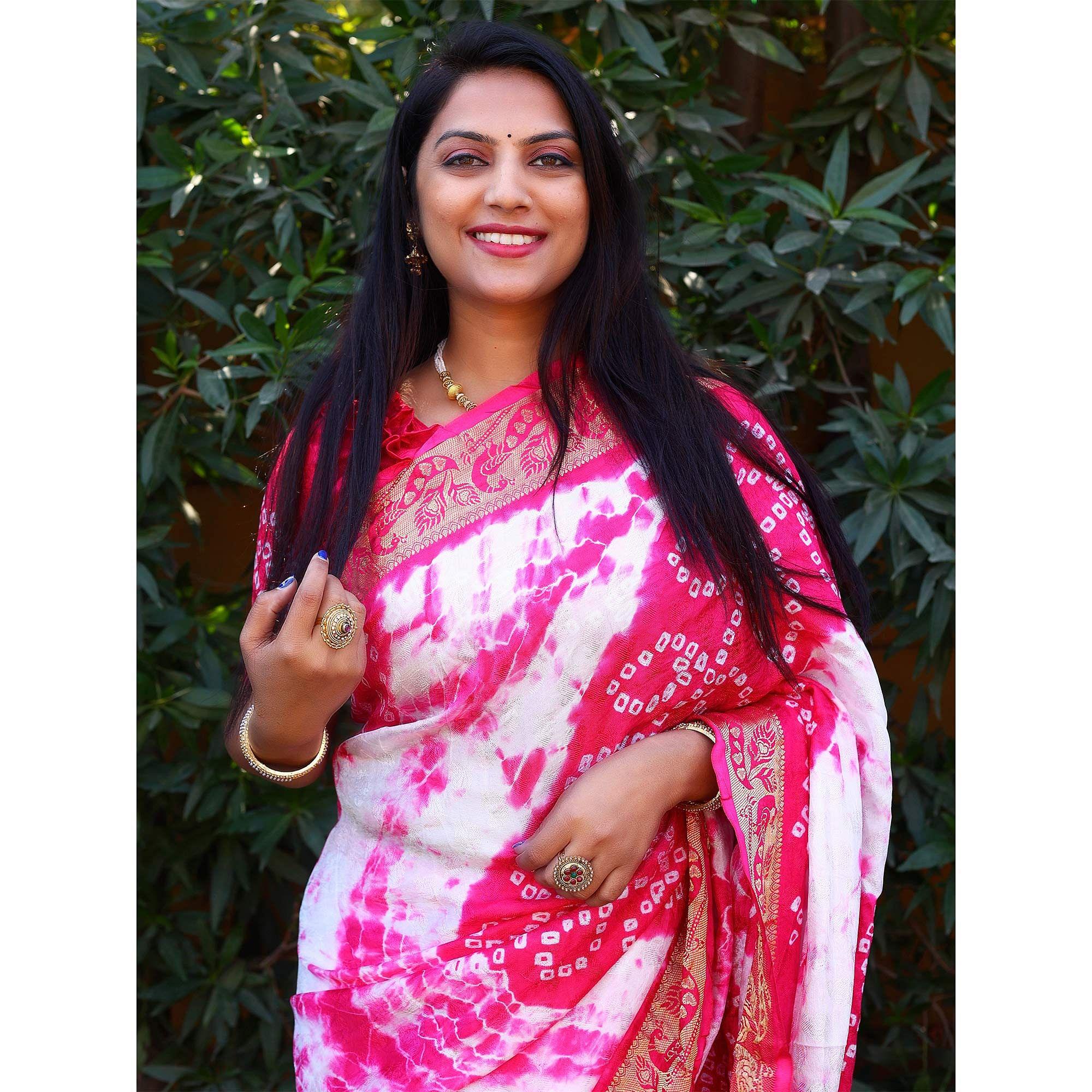 Pink Bandhani Printed Art Silk Saree - Peachmode