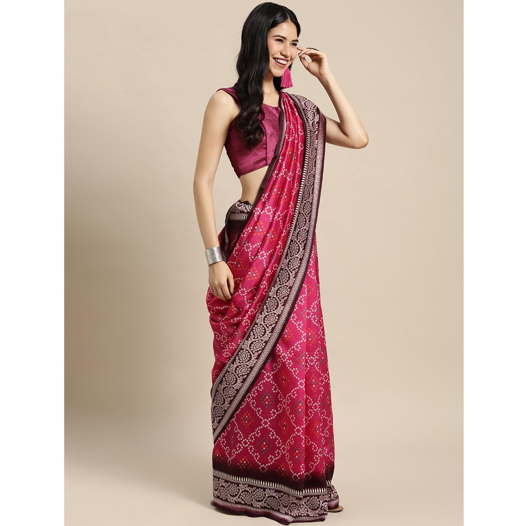 Pink Bandhani Printed Art Silk Saree - Peachmode