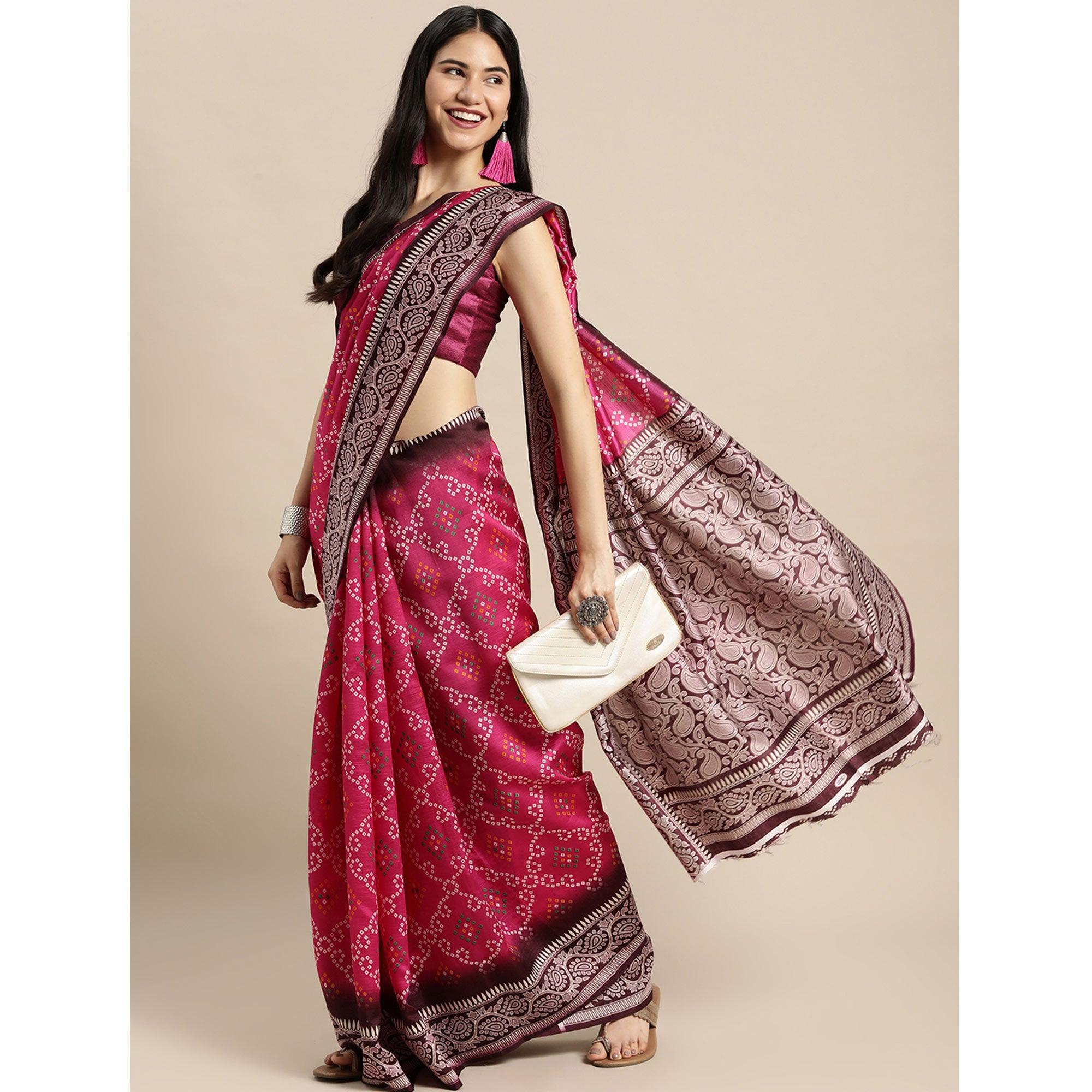 Pink Bandhani Printed Art Silk Saree - Peachmode