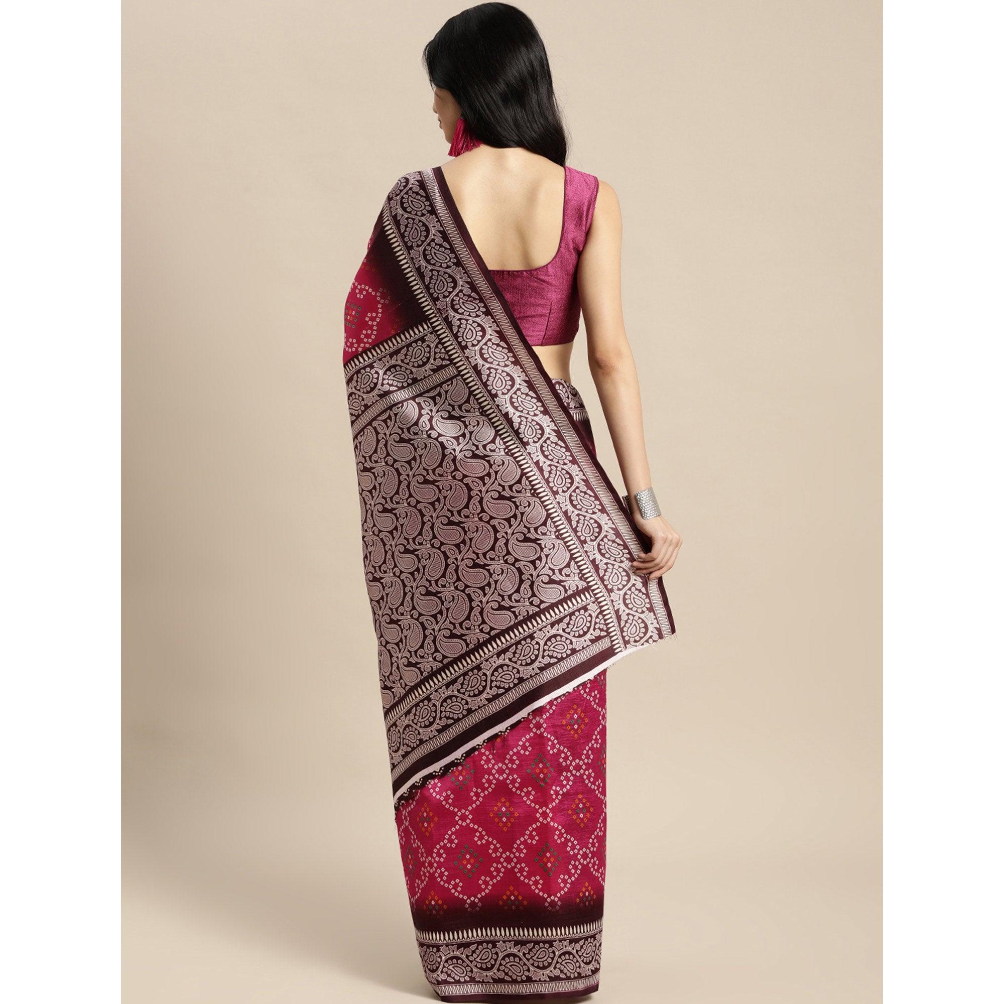 Pink Bandhani Printed Art Silk Saree - Peachmode
