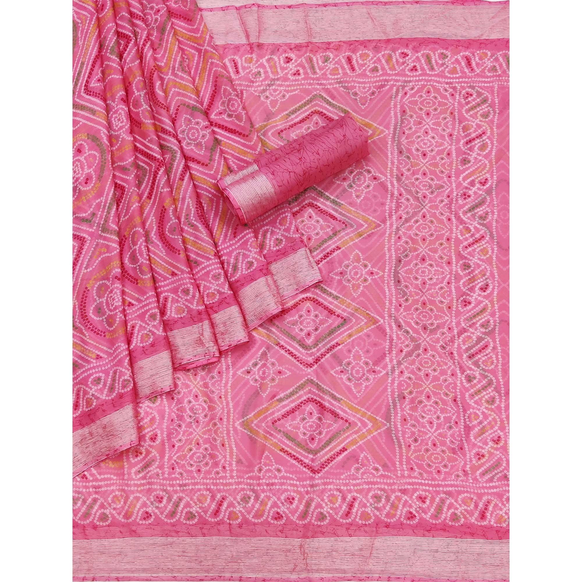 Pink Bandhani Printed Chiffon Saree - Peachmode