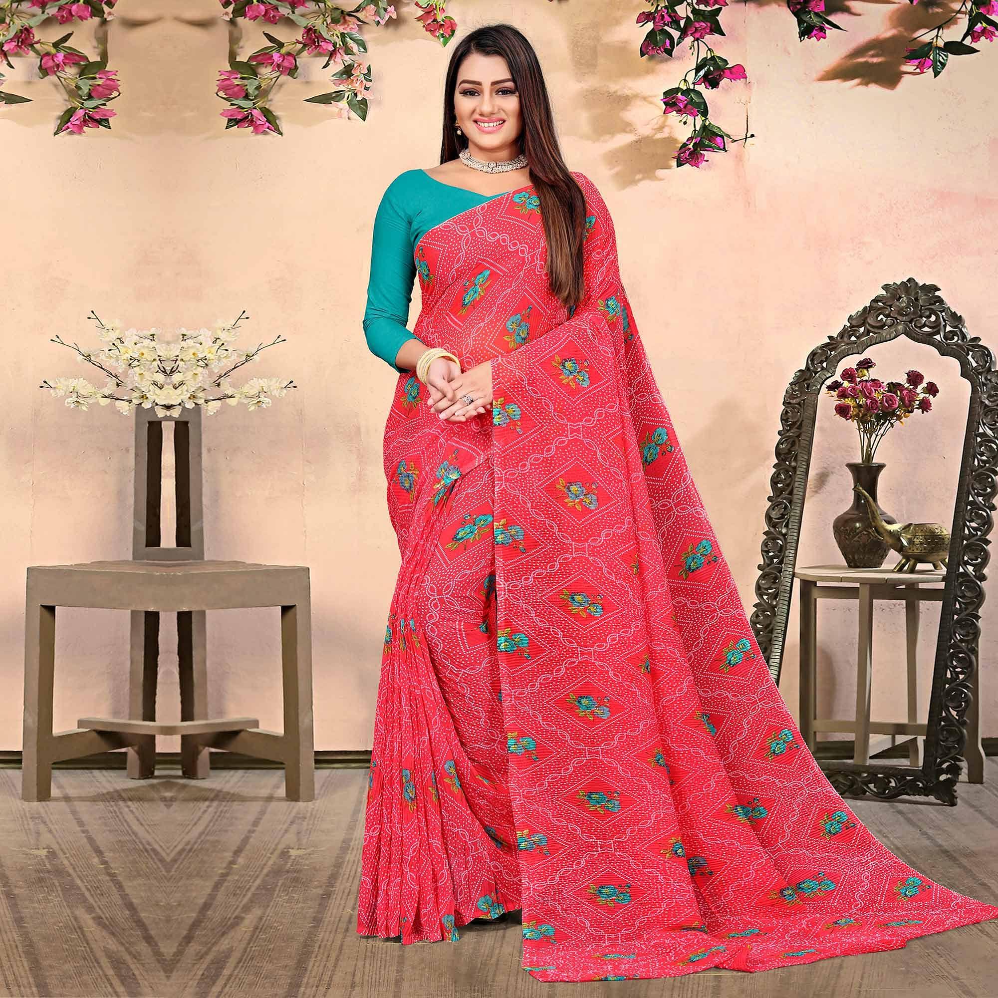 Pink Bandhani Printed Georgette Saree - Peachmode