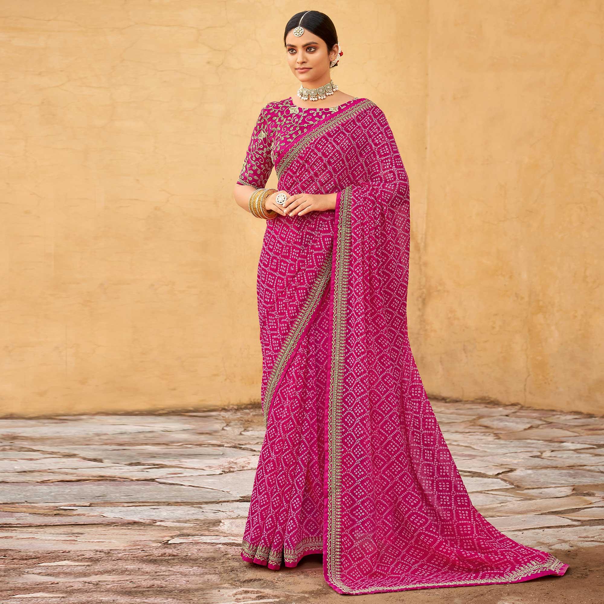 Pink Bandhani Printed Georgette Saree - Peachmode