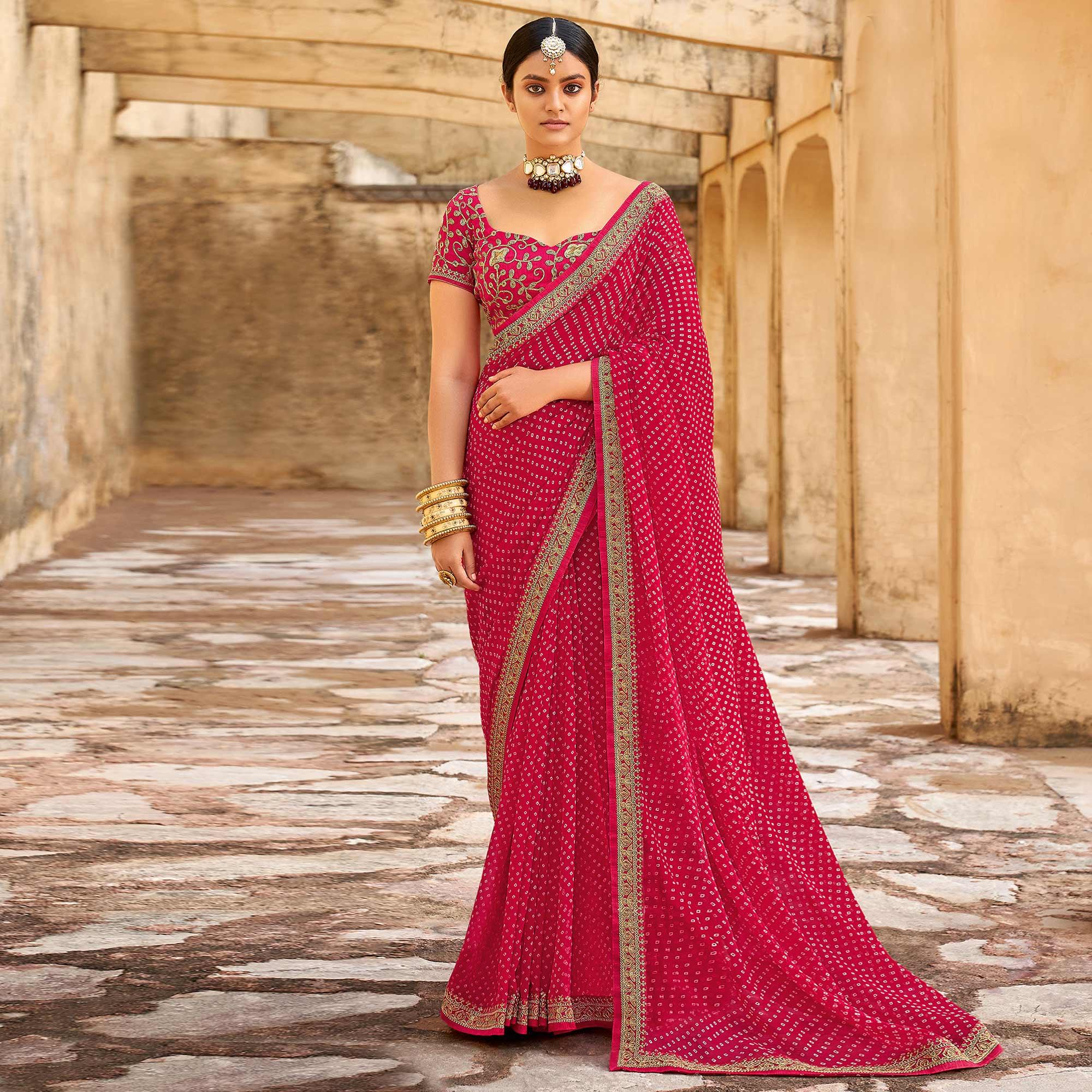 Pink Bandhani Printed Georgette Saree - Peachmode