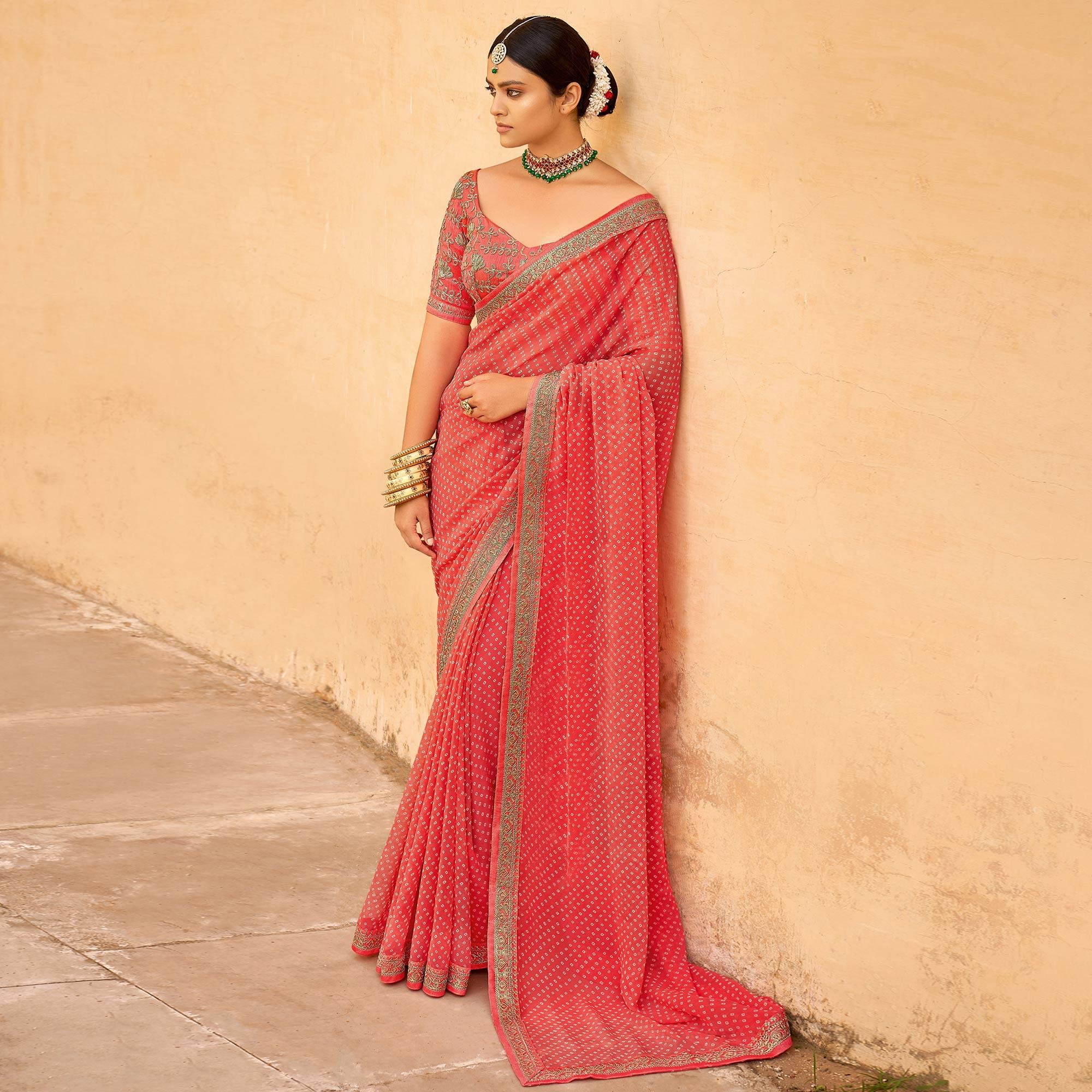 Pink Bandhani Printed Georgette Saree - Peachmode