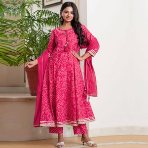 Pink Bandhani Printed Pure Cotton Anarkali Suit - Peachmode
