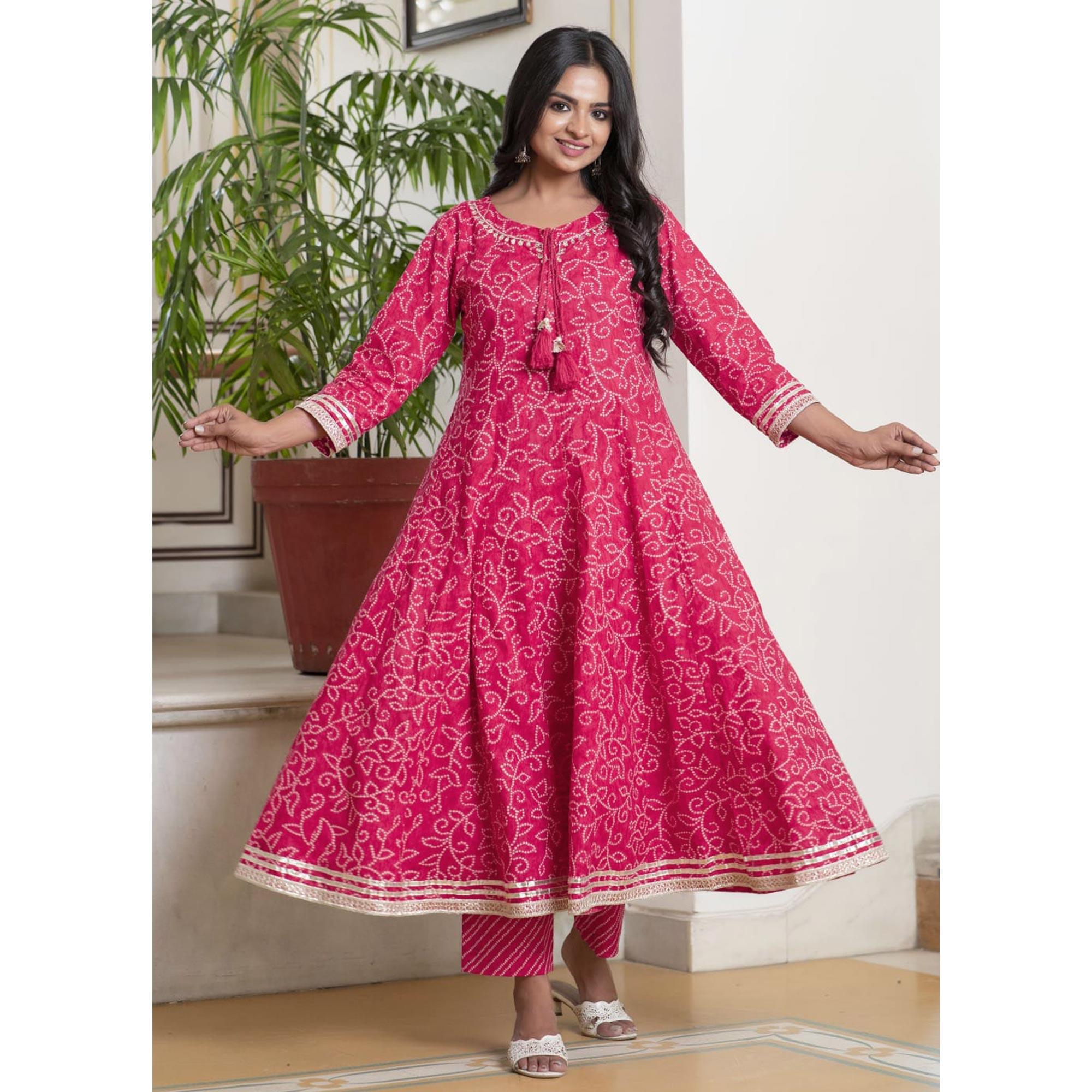 Pink Bandhani Printed Pure Cotton Anarkali Suit - Peachmode