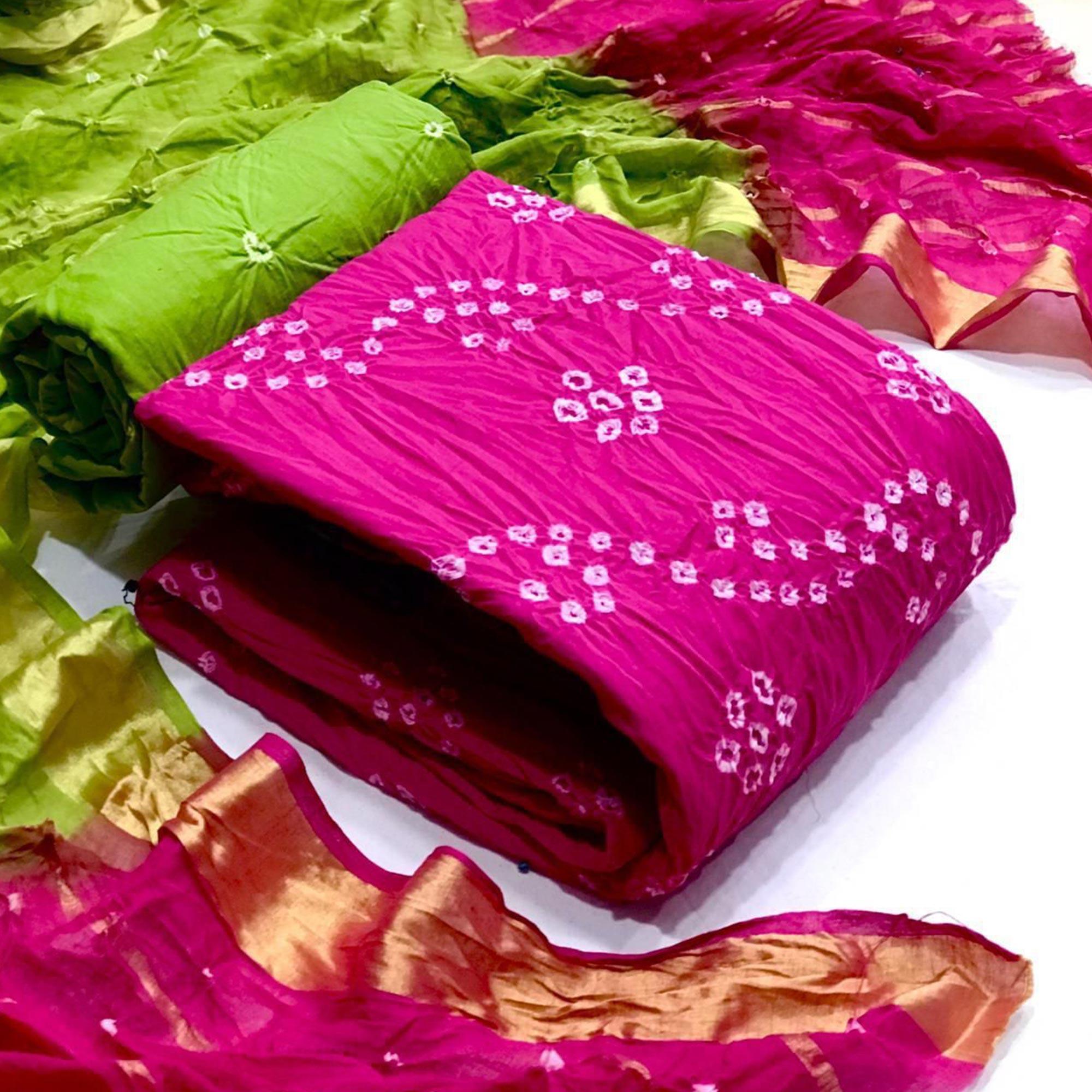 Pink Bandhani Printed Pure Cotton Dress Material - Peachmode