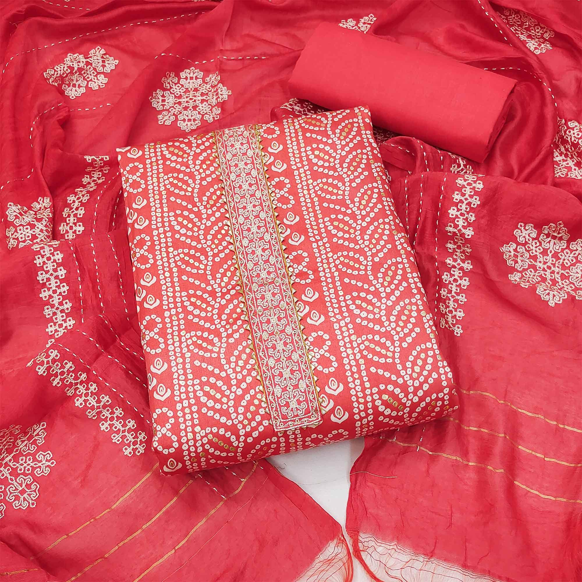 Pink Bandhani Printed Pure Cotton Dress Material - Peachmode