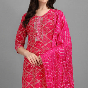 Pink Bandhani Printed Rayon Kurti Pant Set With Dupatta - Peachmode