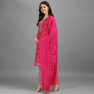 Pink Bandhani Printed Rayon Kurti Pant Set With Dupatta - Peachmode