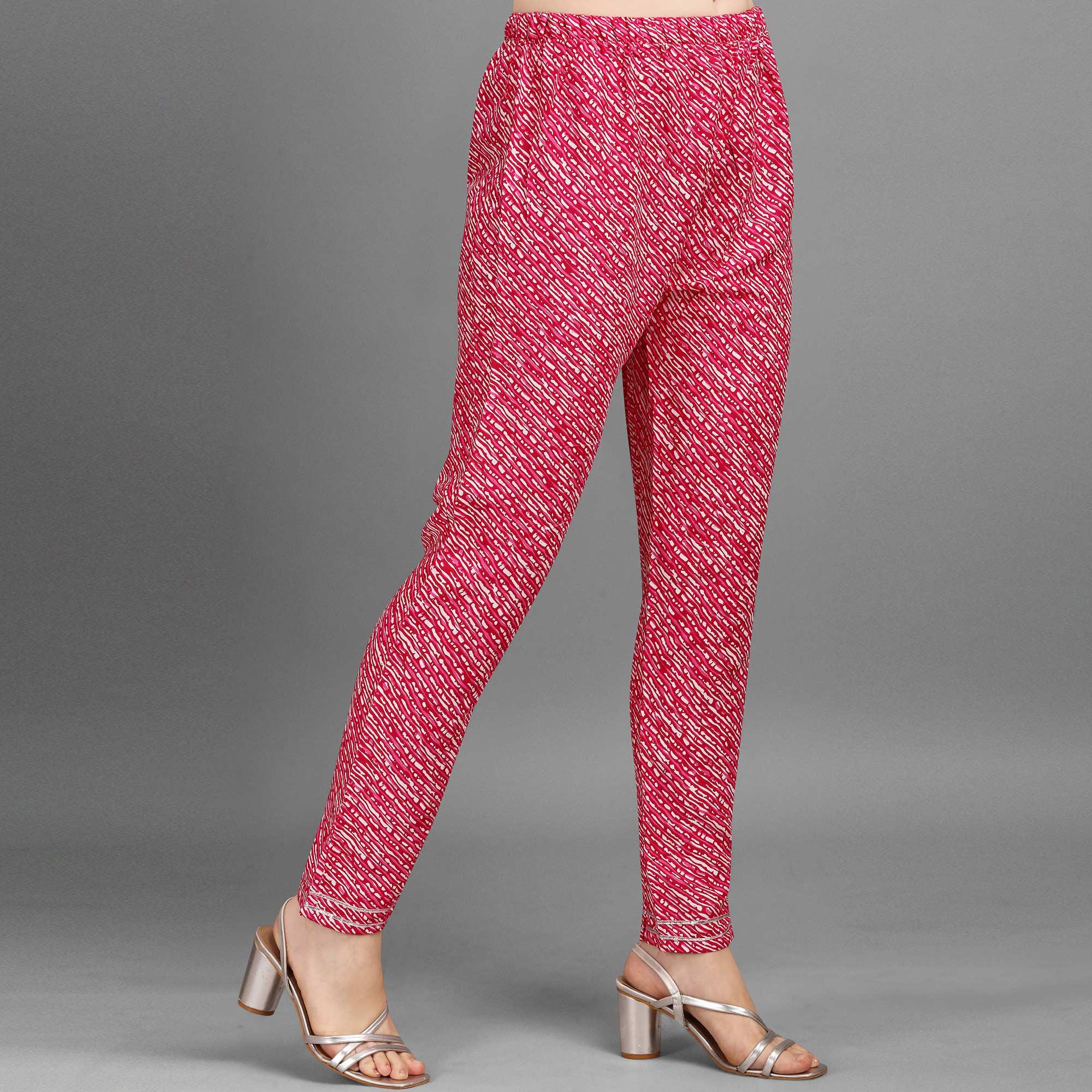 Pink Bandhani Printed Rayon Kurti Pant Set With Dupatta - Peachmode