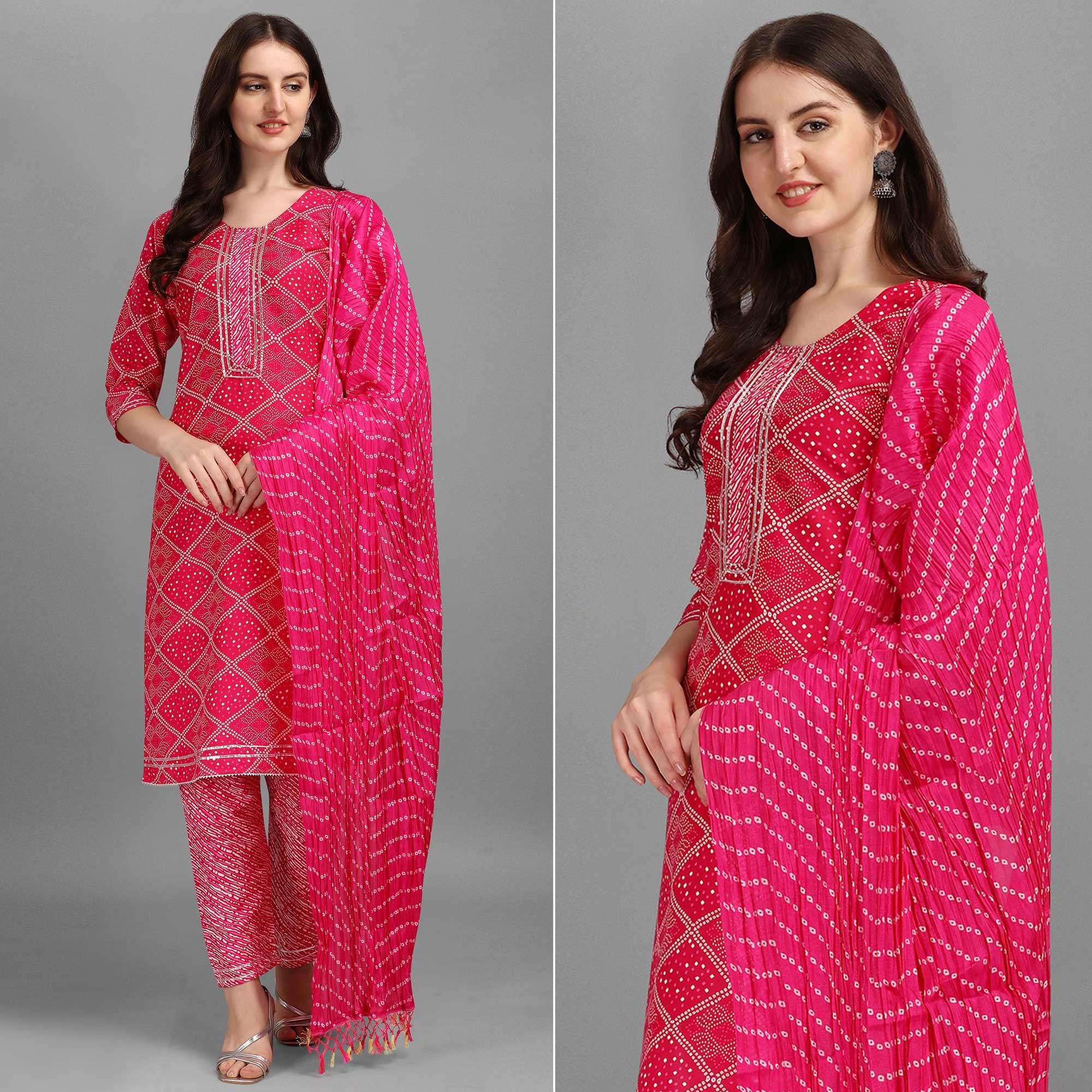 Pink Bandhani Printed Rayon Kurti Pant Set With Dupatta - Peachmode