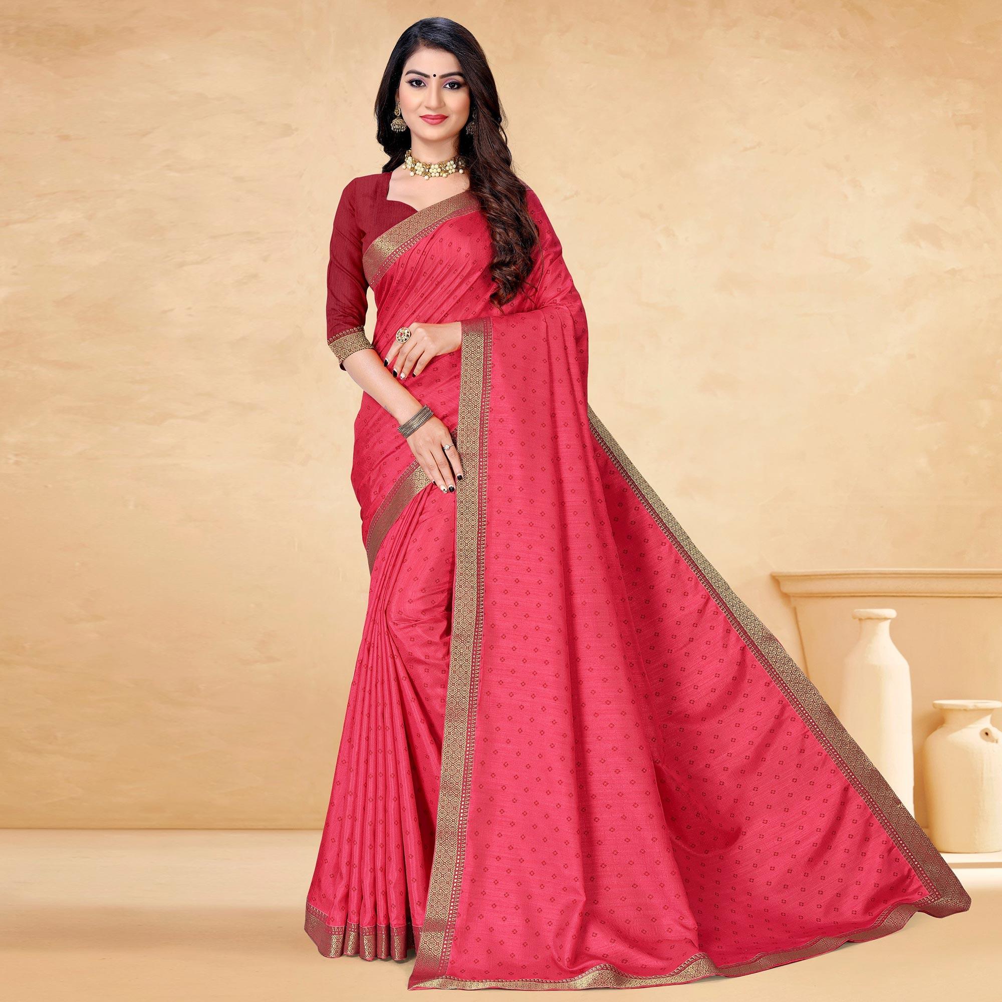 Pink Bandhani Printed Vichitra Silk Saree - Peachmode