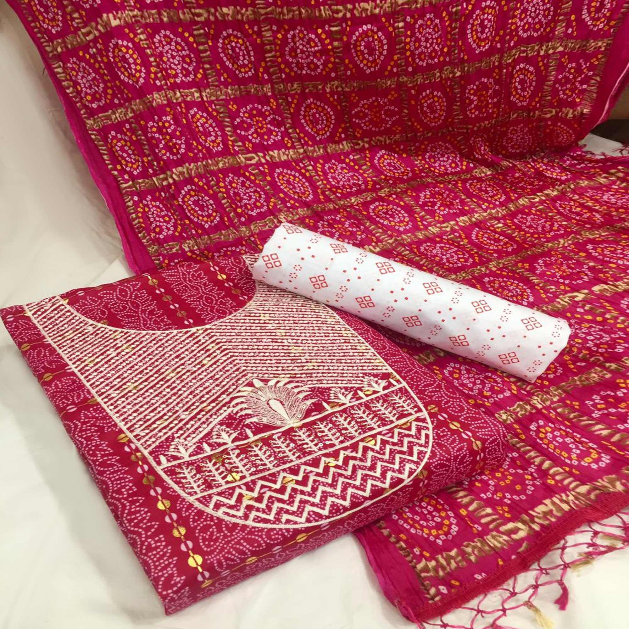 Pink Bandhani Printed With Embellished Cotton Blend Dress Material - Peachmode