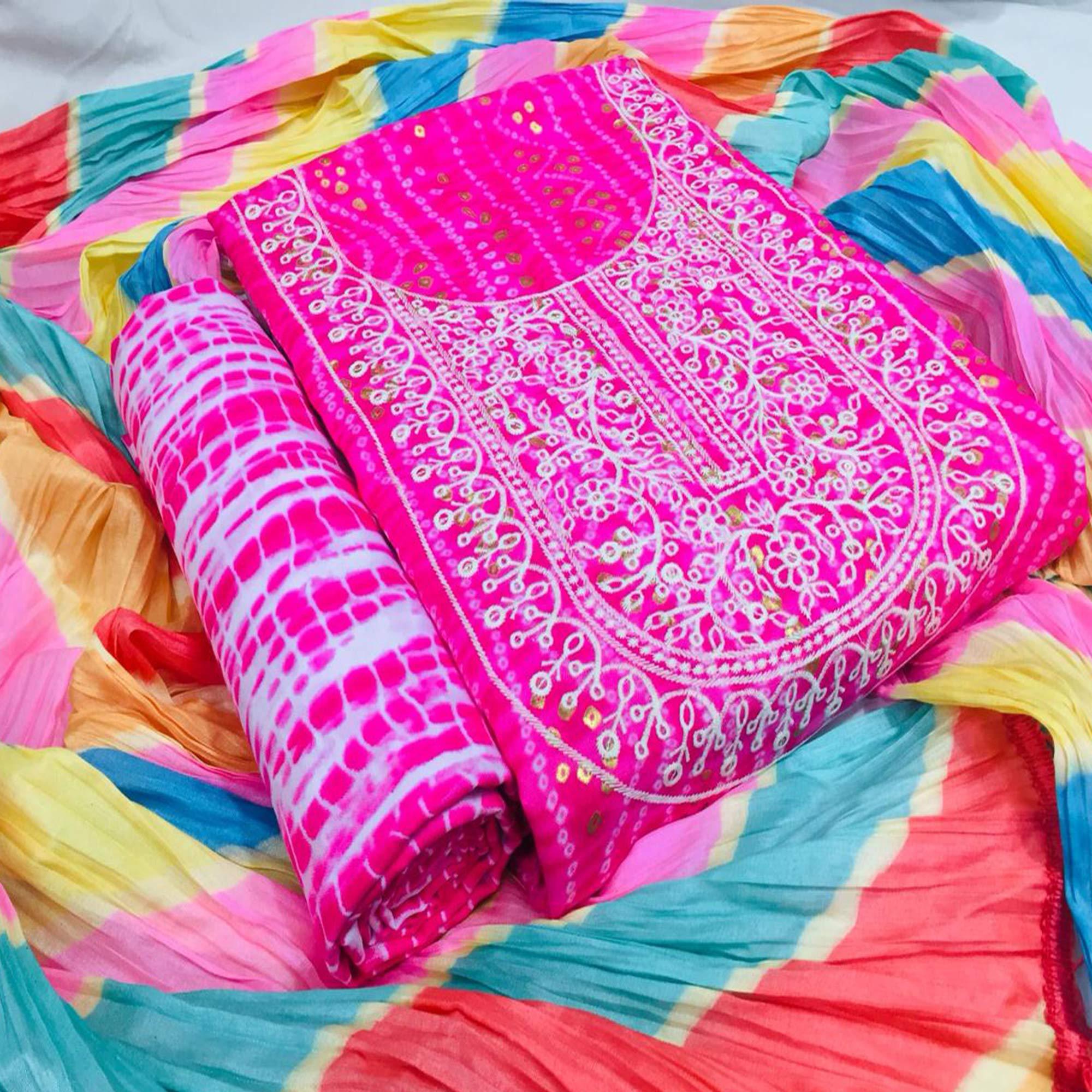 Pink Bandhani Printed With Embellished Cotton Blend Dress Material - Peachmode