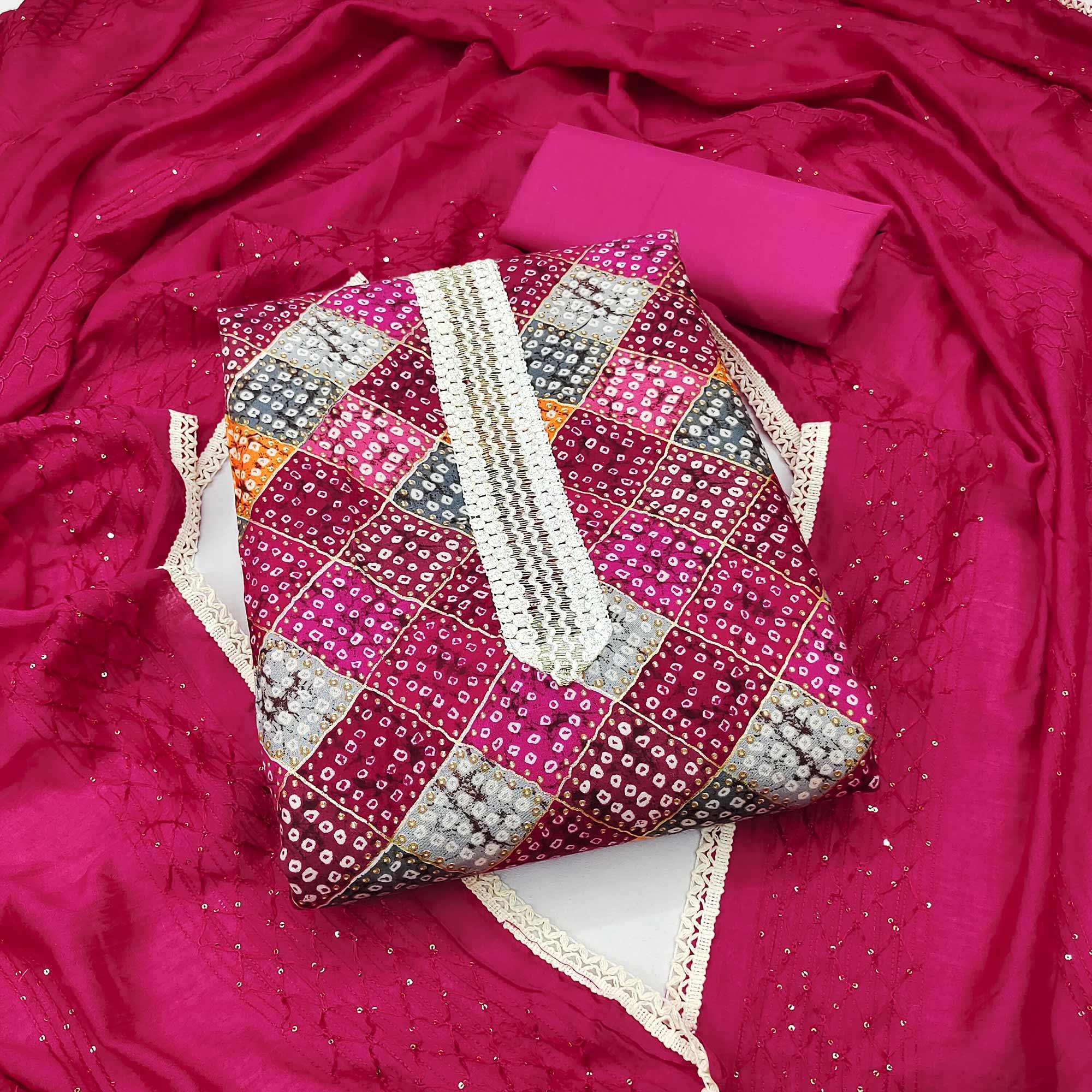 Pink Bandhani Printed With Sequence Work Pure Cotton Dress Material - Peachmode