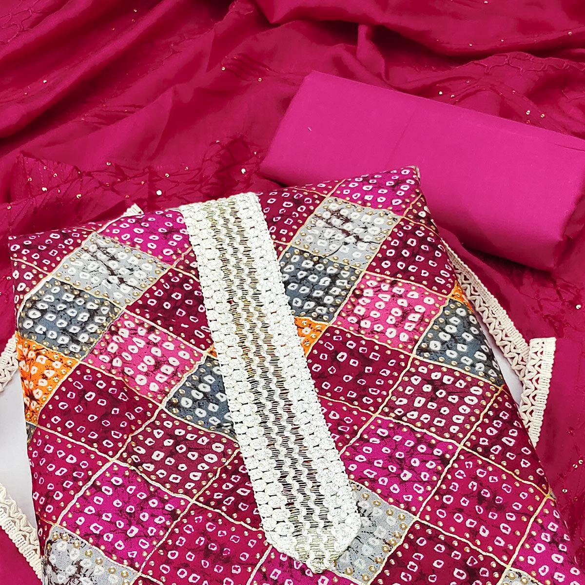 Pink Bandhani Printed With Sequence Work Pure Cotton Dress Material - Peachmode