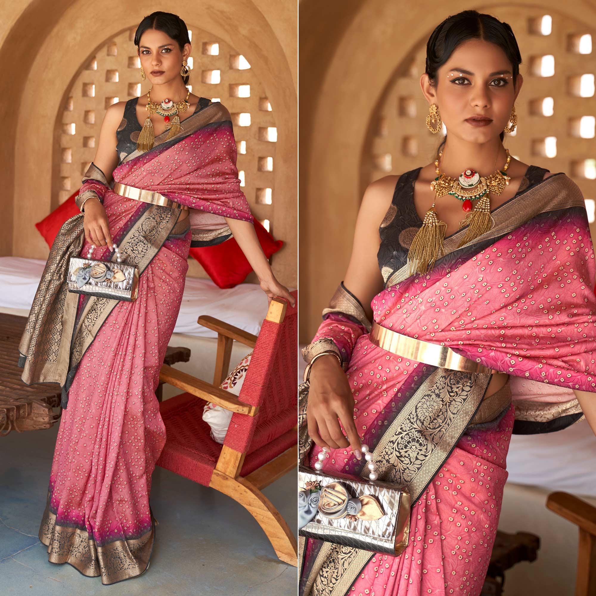 Pink Bandhani Printed With Woven Border Art Silk Saree - Peachmode