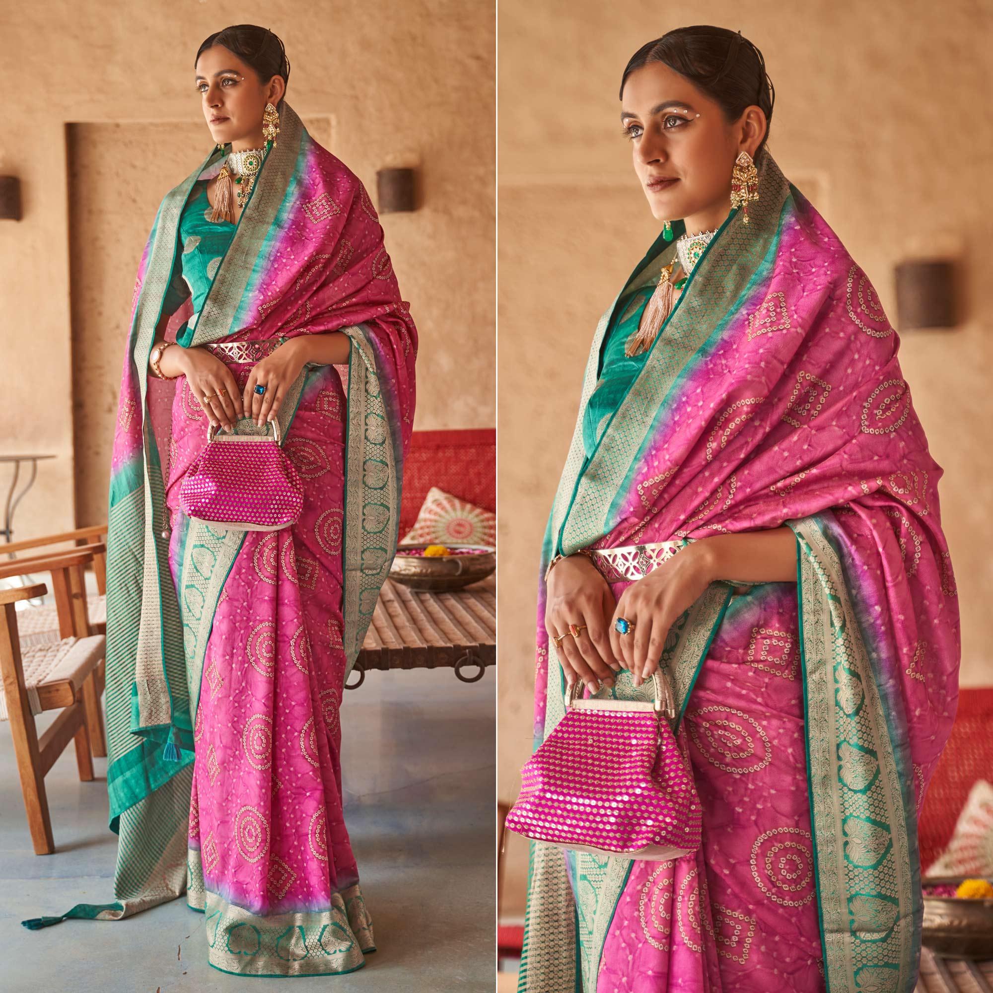 Pink Bandhani Printed With Woven Border Art Silk Saree - Peachmode