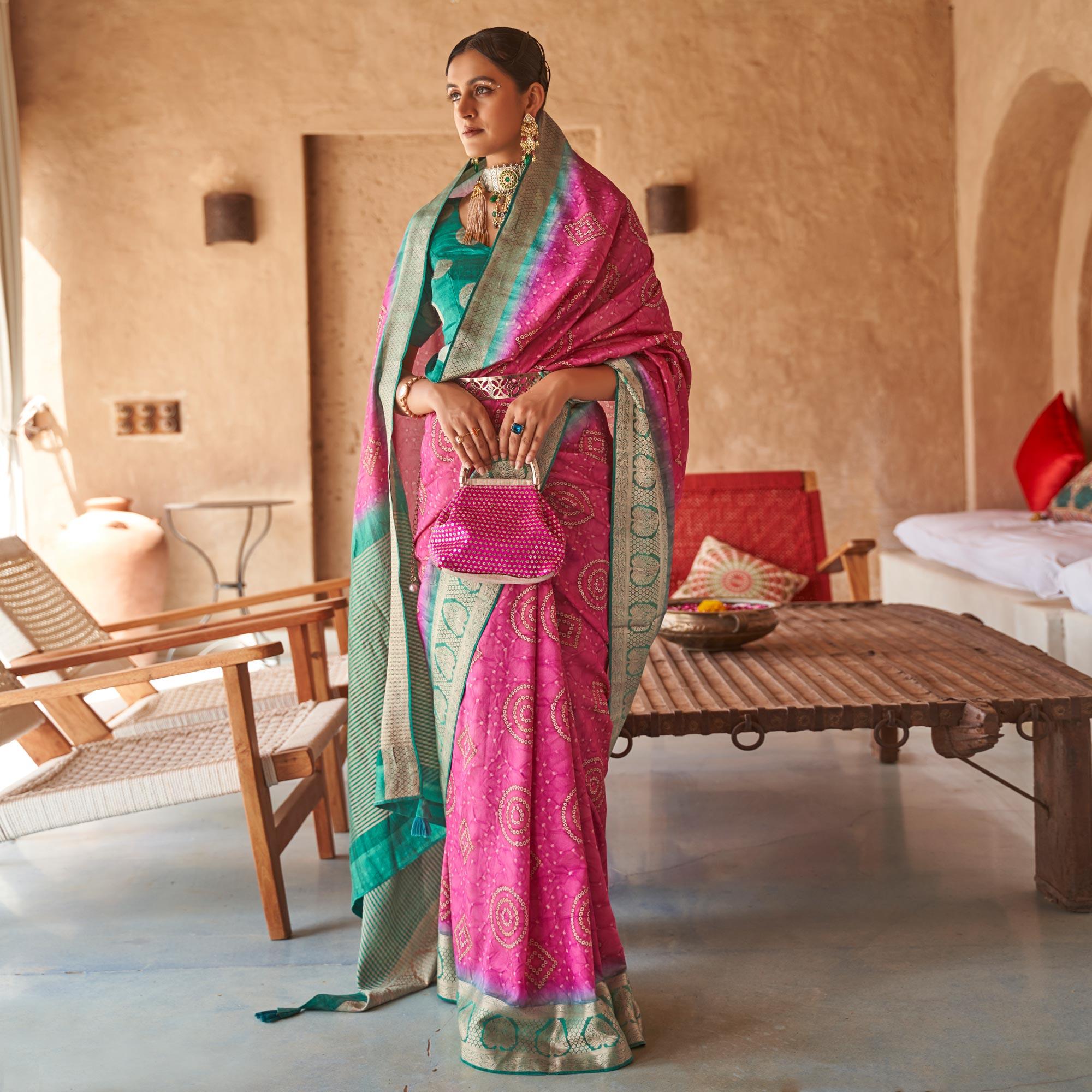 Pink Bandhani Printed With Woven Border Art Silk Saree - Peachmode