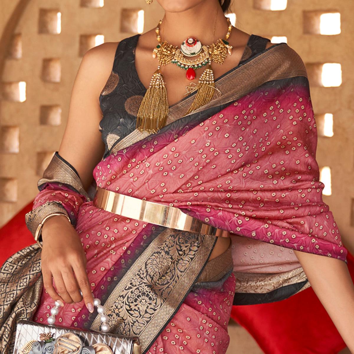 Pink Bandhani Printed With Woven Border Art Silk Saree - Peachmode