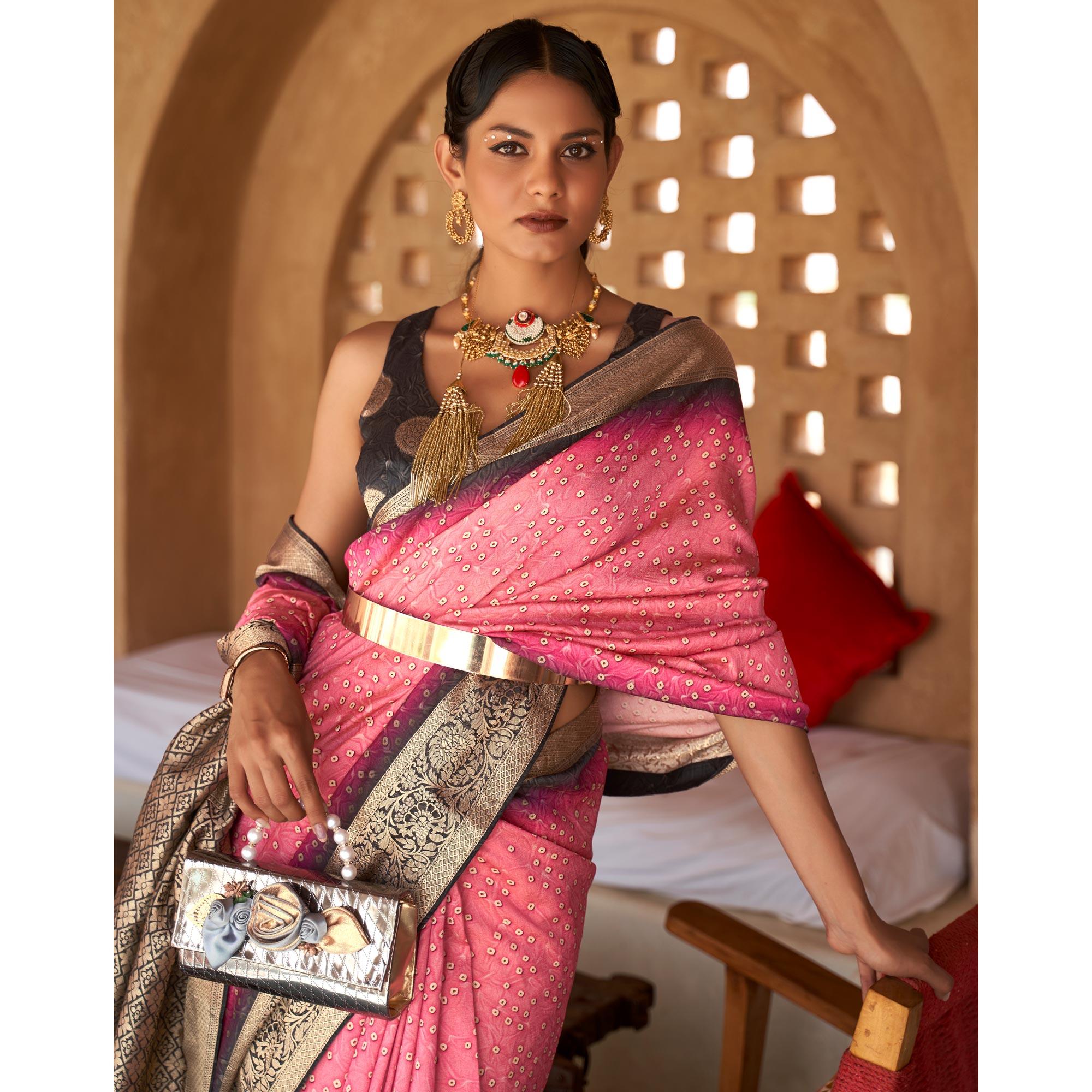 Pink Bandhani Printed With Woven Border Art Silk Saree - Peachmode