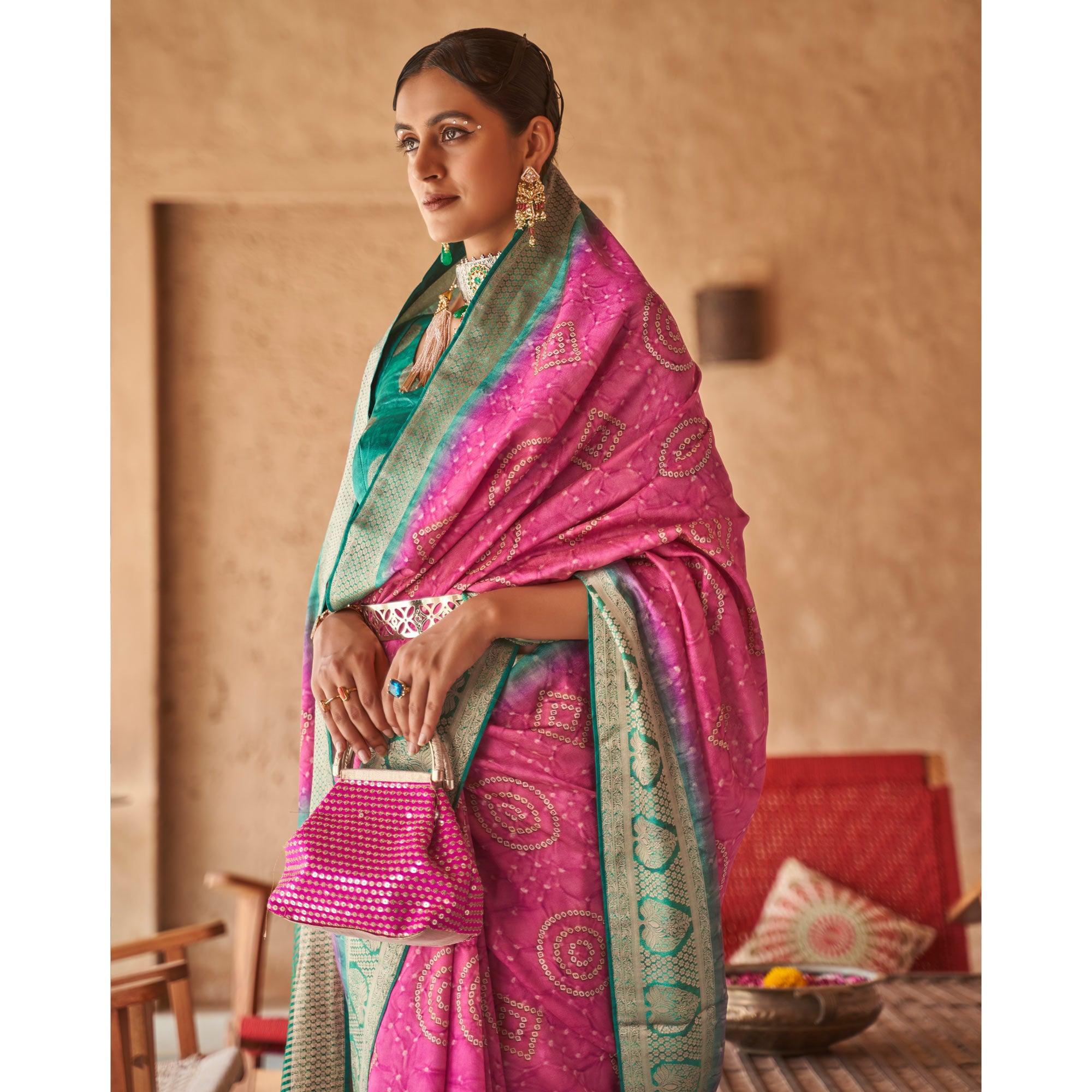 Pink Bandhani Printed With Woven Border Art Silk Saree - Peachmode