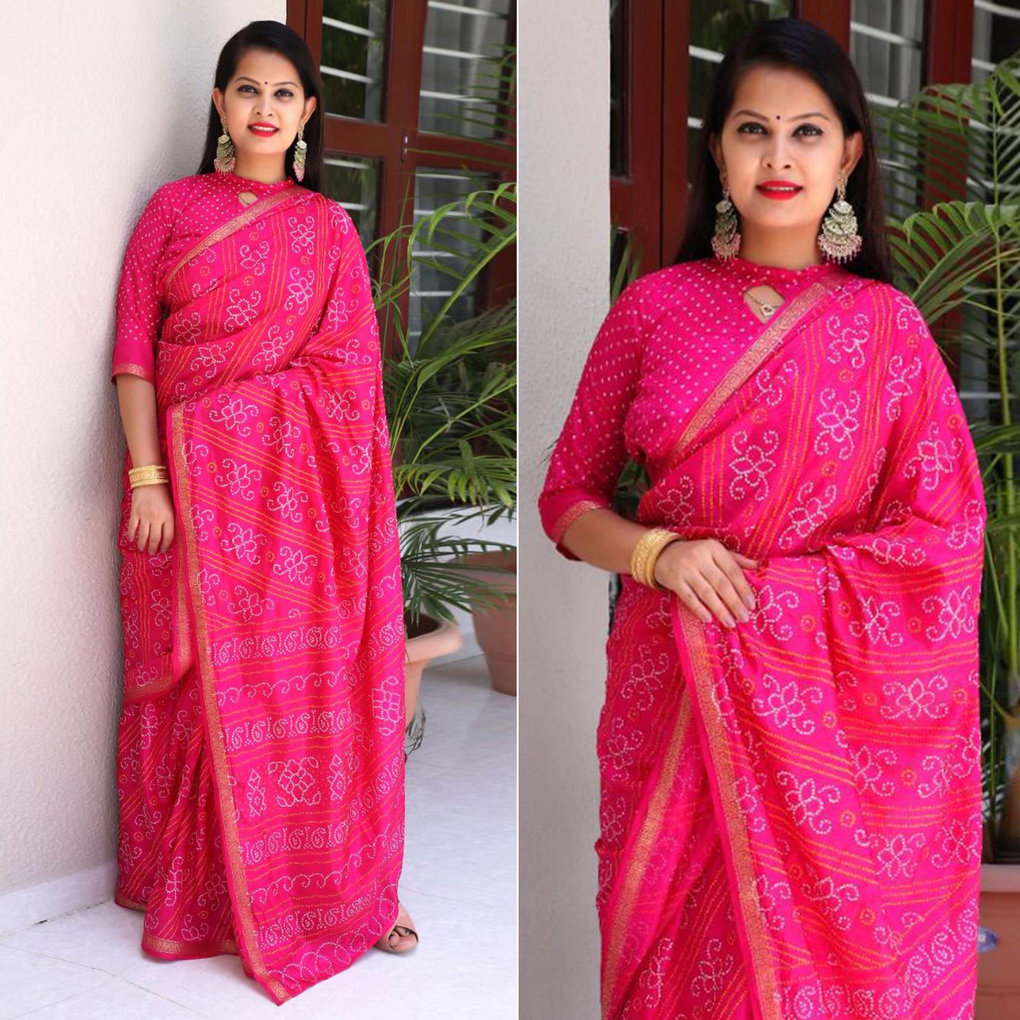 Pink Bandhani Printed With Woven Border Tapetta Silk Saree - Peachmode