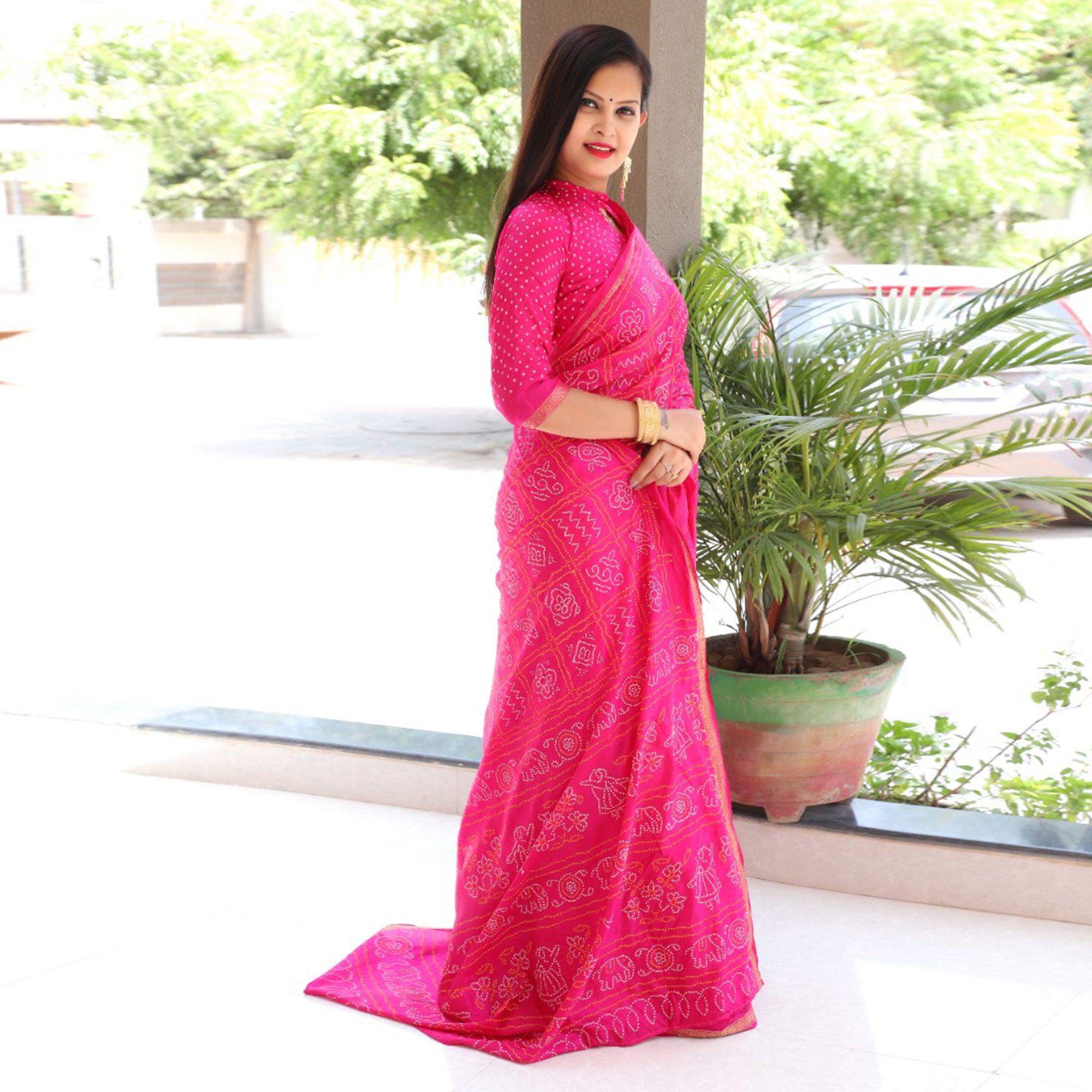 Pink Bandhani Printed With Woven Border Tapetta Silk Saree - Peachmode