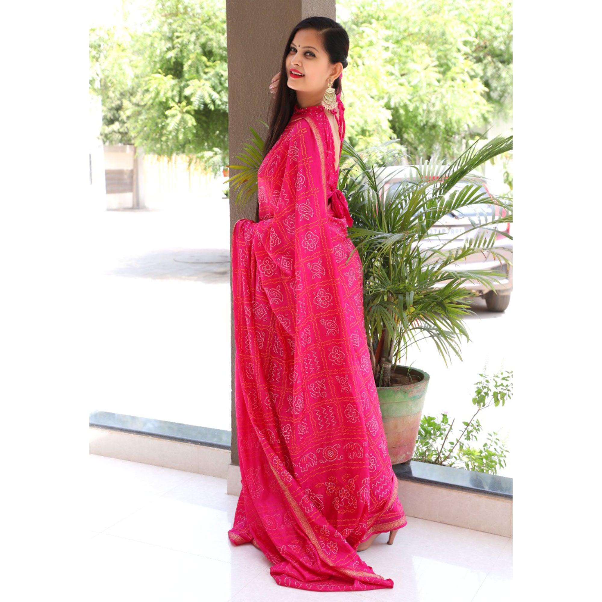 Pink Bandhani Printed With Woven Border Tapetta Silk Saree - Peachmode