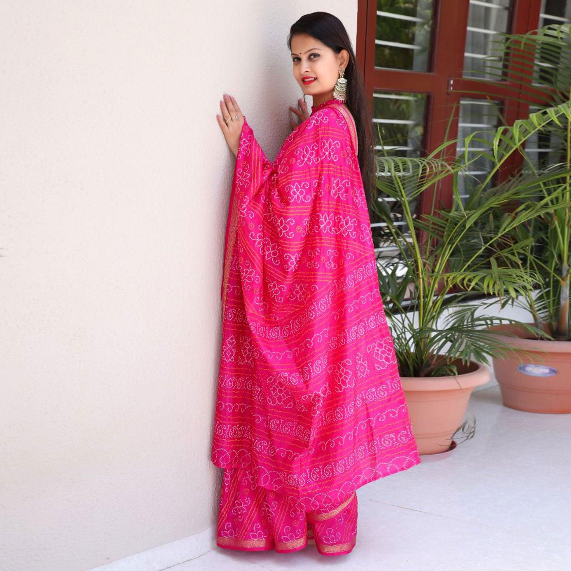 Pink Bandhani Printed With Woven Border Tapetta Silk Saree - Peachmode