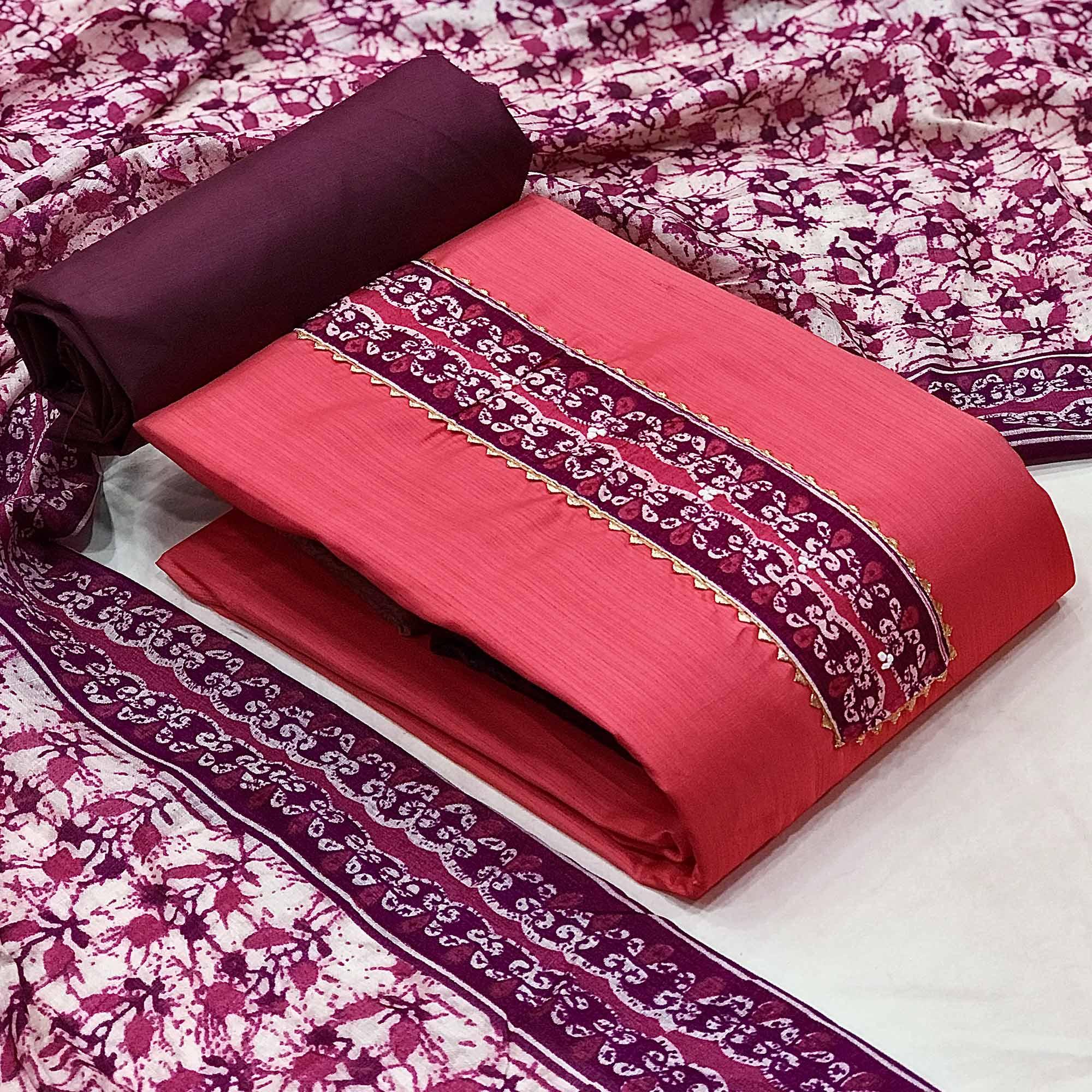 Pink Batik Printed Art Silk Dress Material - Peachmode