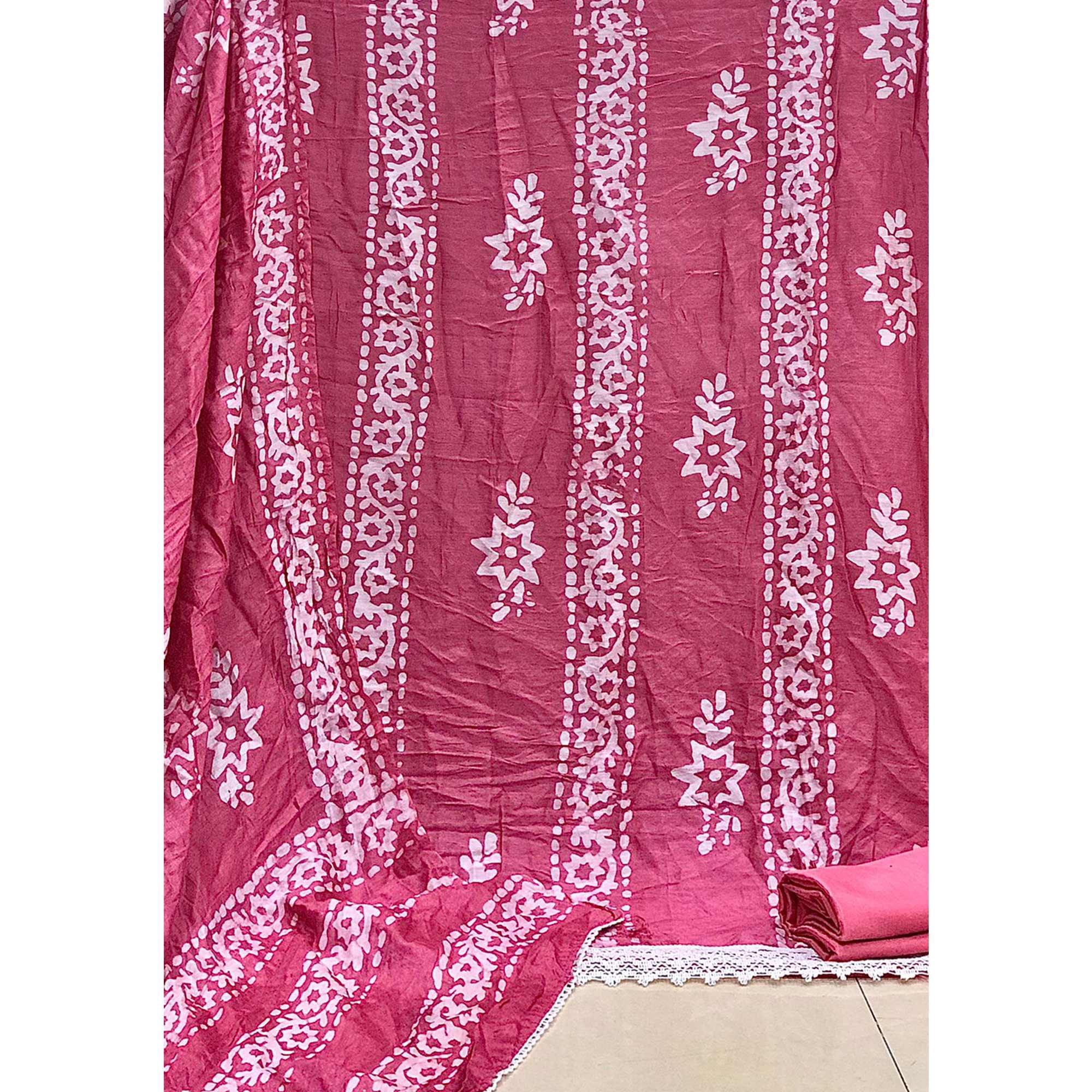 Pink Batik Printed Chanderi Dress Material - Peachmode
