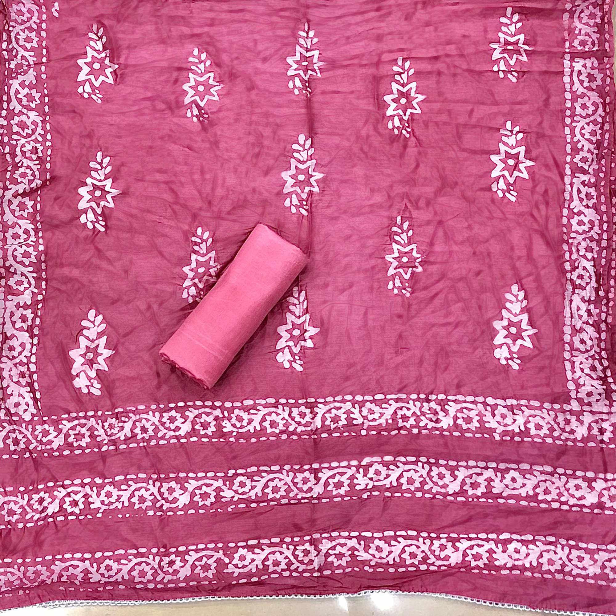 Pink Batik Printed Chanderi Dress Material - Peachmode